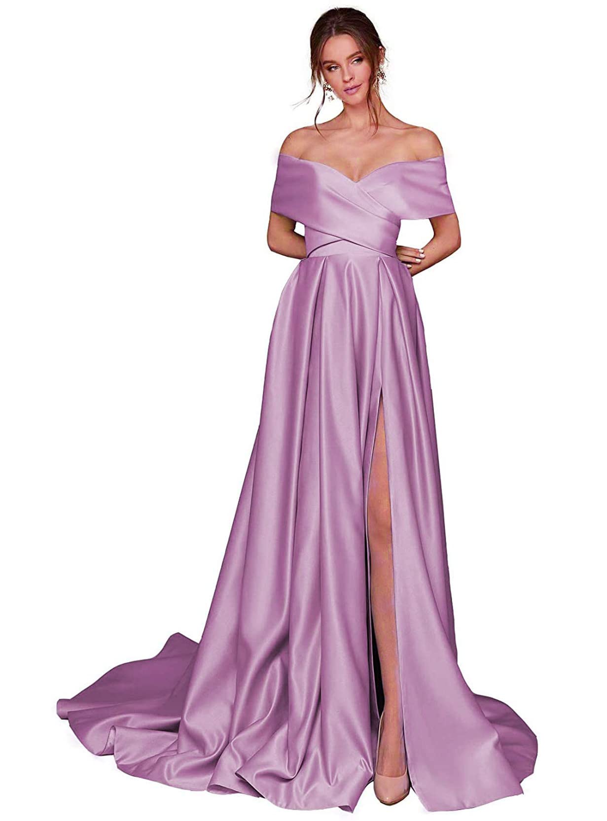 Elegant Off Shoulder Prom Dresses for Women - Long Split Formal Evening Gown with Pockets | Perfect for Homecoming, Wedding Guest & Special Occasions