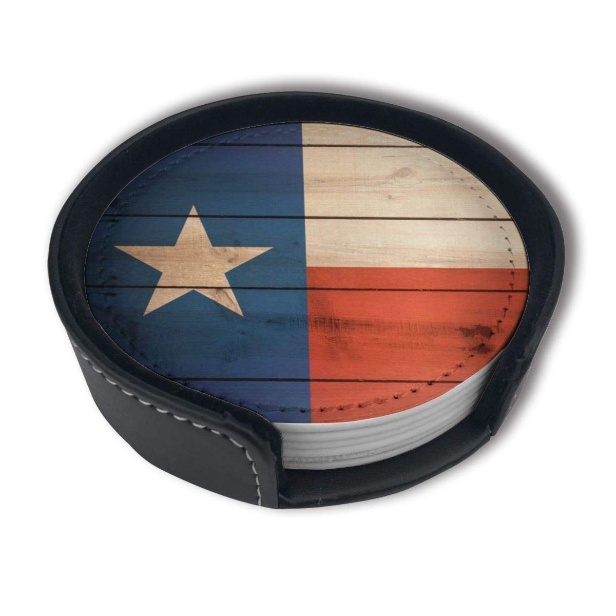 Wooden Texas Flag Drink Coasters with Holder - Set of 6 for Beer, Wine & Coffee Cups - Perfect for Home Bars, BBQ Parties & Office Use