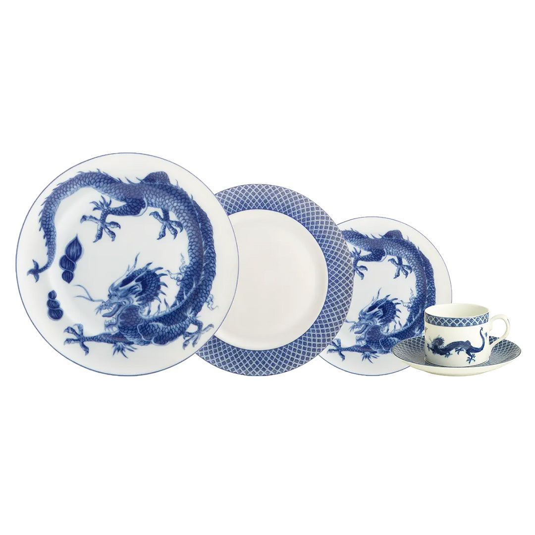 Dragon Blue 5-Piece Dinnerware Set - Elegant Porcelain Plates, Bowls & Cups for Formal Dining, Parties & Home Decor