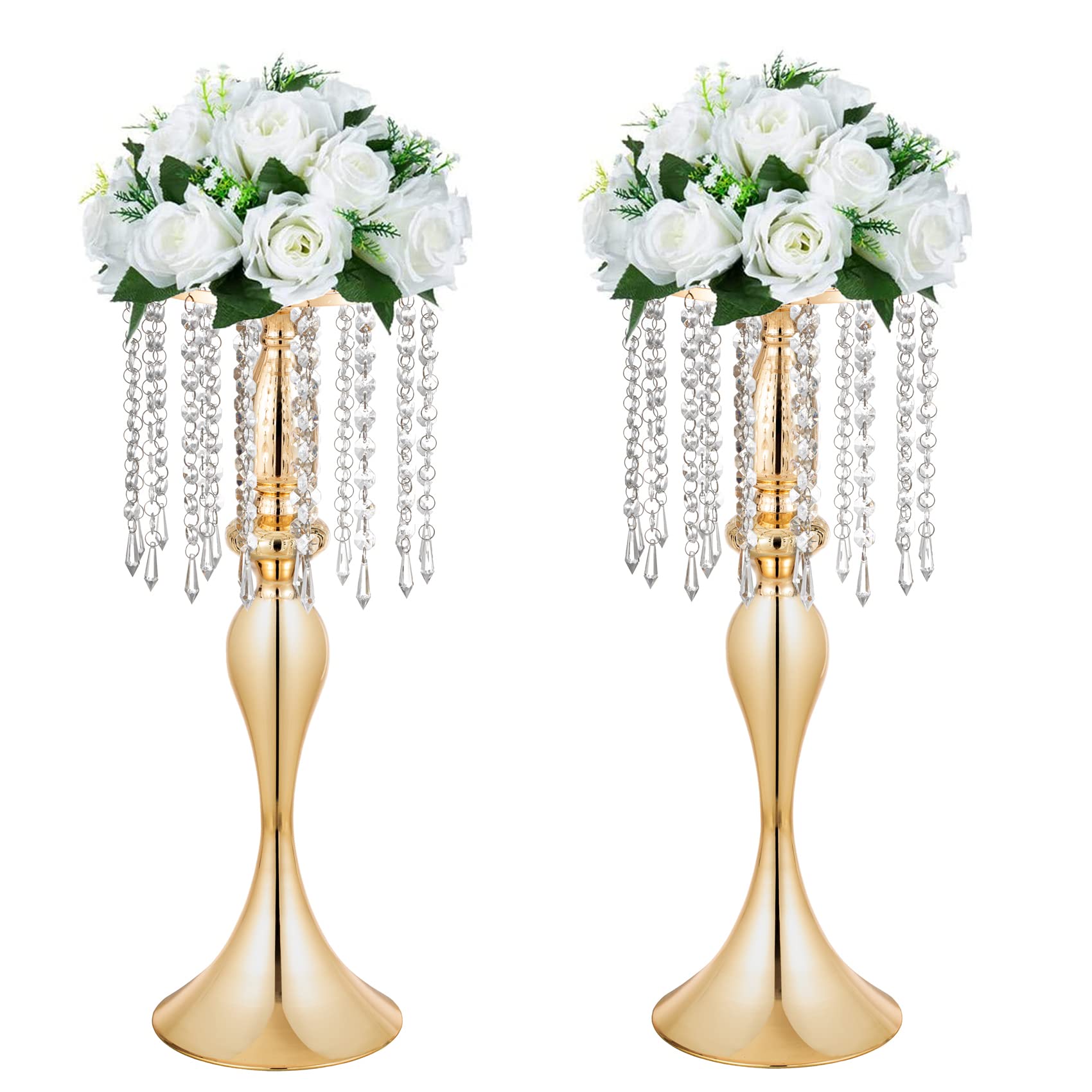 LANLONG Set of 2 Elegant Crystal Centerpieces with Gold Metal Flower Vase Stand - Perfect for Wedding Decor, Party Reception, Home & Table Decoration - Ideal for Dining Tables, Living Room Displays & Special Events