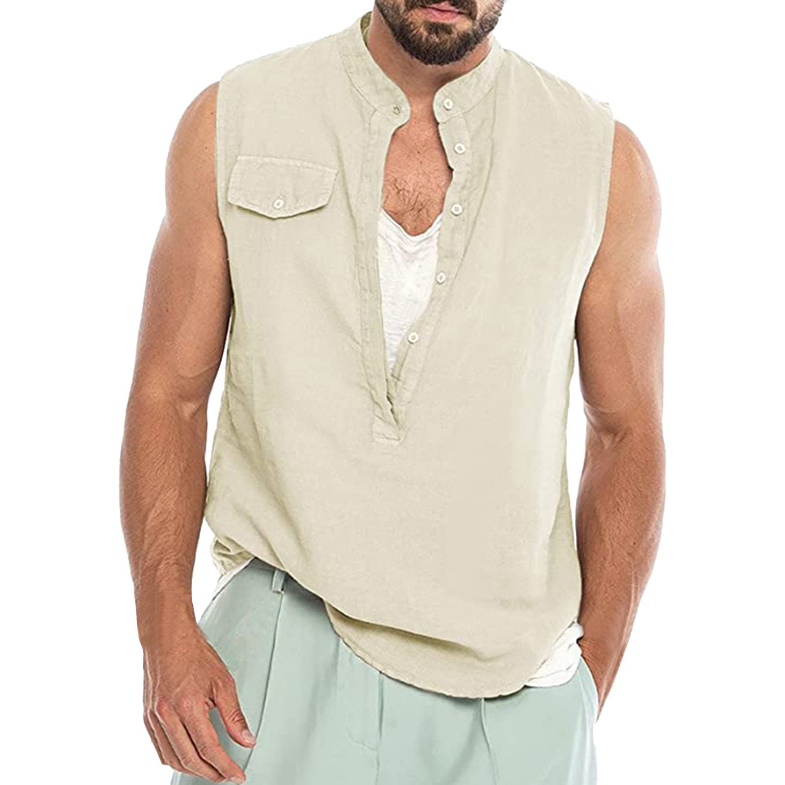 Uoki Men's Sleeveless Button Down Shirt - Linen Cotton Blend Summer Beach Tank Top with Turn Down Collar - Lightweight Breathable Tee for Casual Wear, Vacation & Outdoor Activities