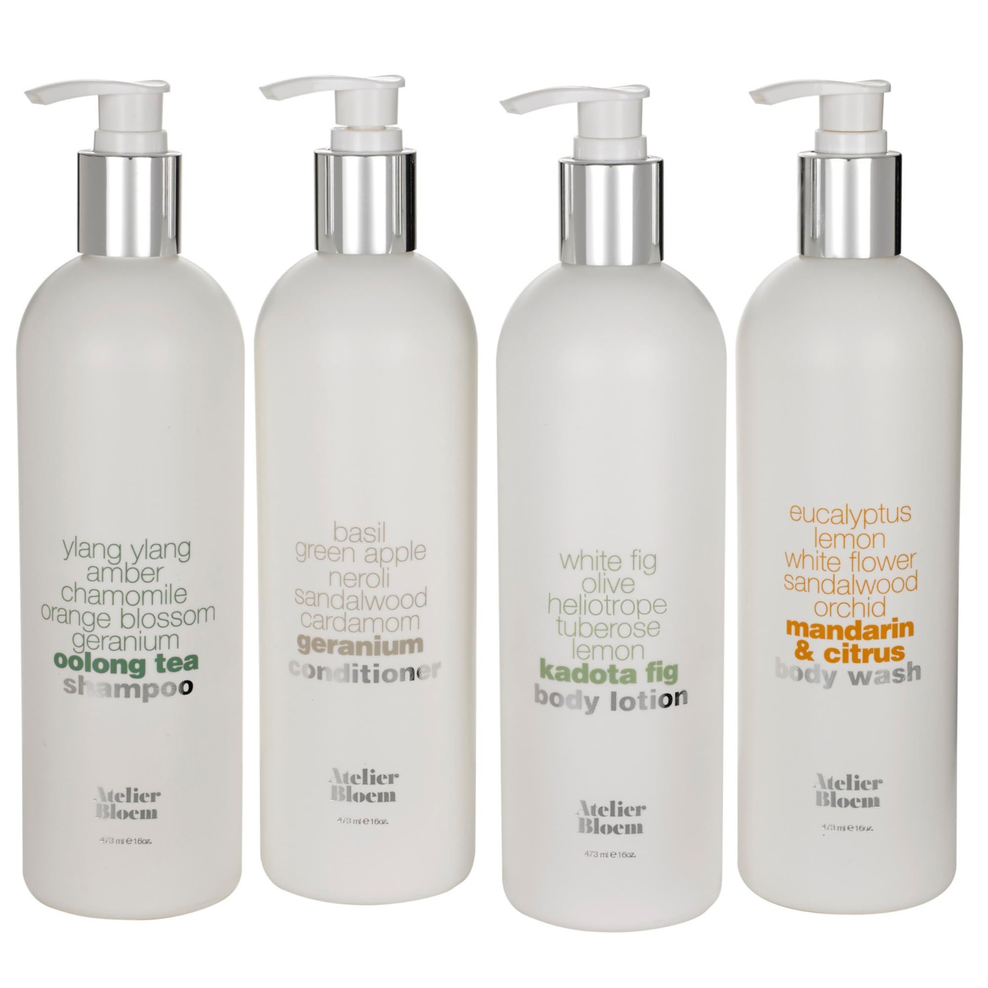 Atelier Bloem Luxury Bath & Body Set - Mandarin Citrus Body Wash, Kadota Fig Lotion, Oolong Tea Shampoo & Geranium Conditioner | Kimpton Hotel Collection | Spa & Travel Essentials for Women & Men