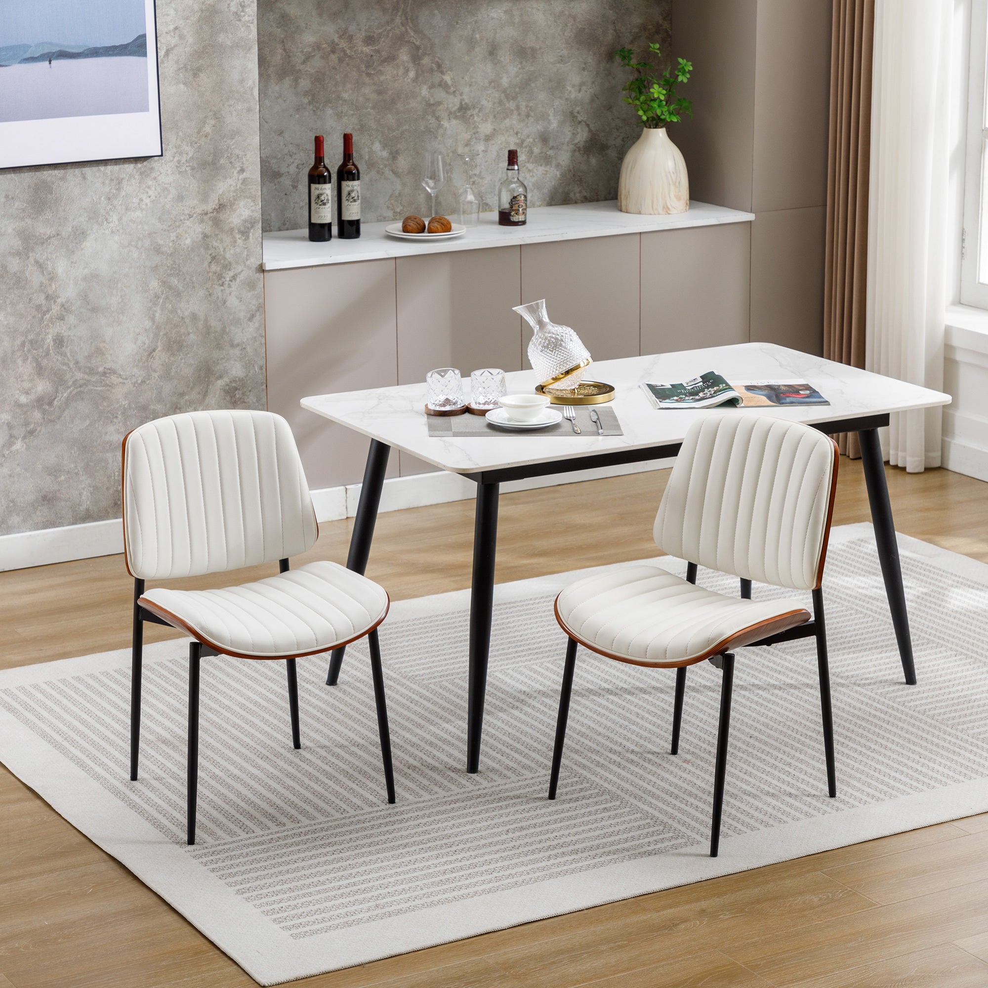 Mid Century Modern Dining Chairs Set of 2 - Retro Faux Leather Upholstered Chairs with Bentwood Seat & Adjustable Metal Legs - White Kitchen & Dining Room Furniture for Home Decor