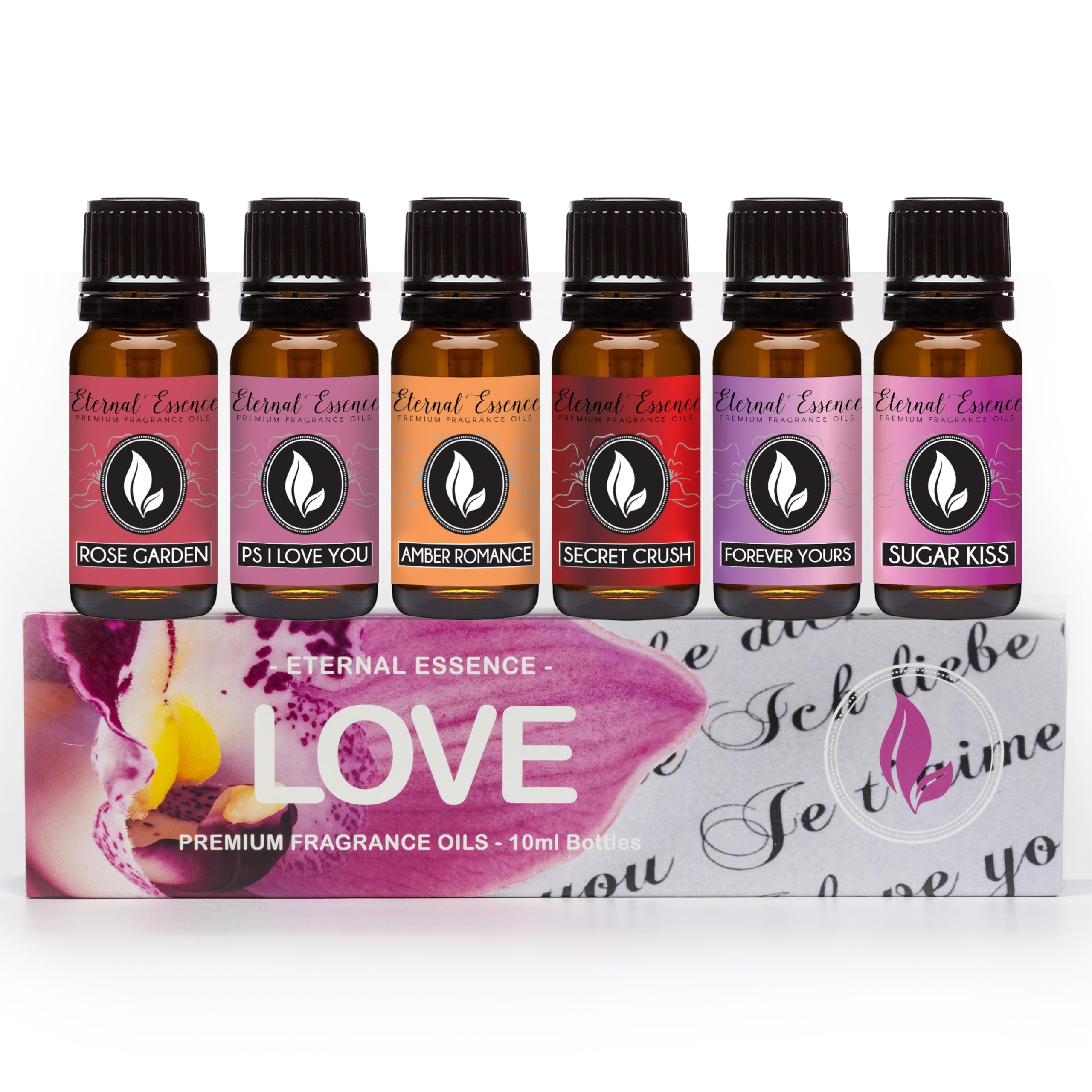 Eternal Essence Oils Love Set - 6 Premium Fragrance Oils (Rose, PS I Love You, Amber Romance, Secret Crush, Forever Yours, Sugar Kiss) - 10ml Bottles for Diffusers, Candle Making, Soap Making & Aromatherapy - Perfect for Romantic Gifts, Home Scenting & Relaxation