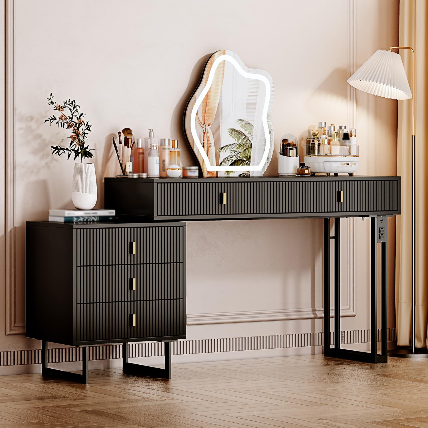 Black Vanity Desk with Plug - Large Modern Makeup Dressing Table with 3-Color Touch Screen Dimming Mirror, Adjustable Cabinet & 5 Sliding Drawers - Retractable Design with Built-in Power Strip - Perfect for Bedroom, Bathroom or Dressing Room Organization
