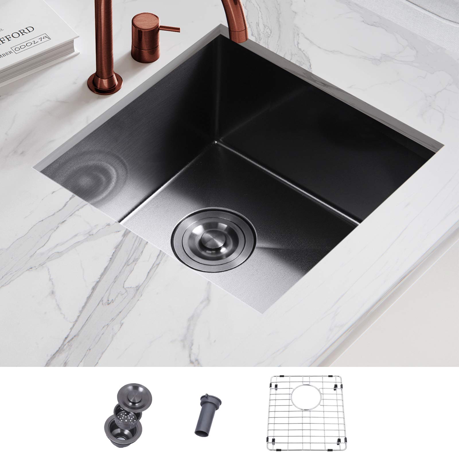 15 x 17 x 10 Inch Black Stainless Steel Undermount Bar Sink - Omakoti Single Bowl Kitchen Prep & RV Drop-in Sink with Dish Grid, Basket Strainers & Mounting Hardware - Perfect for Small Kitchens, Wet Bars & Mobile Homes