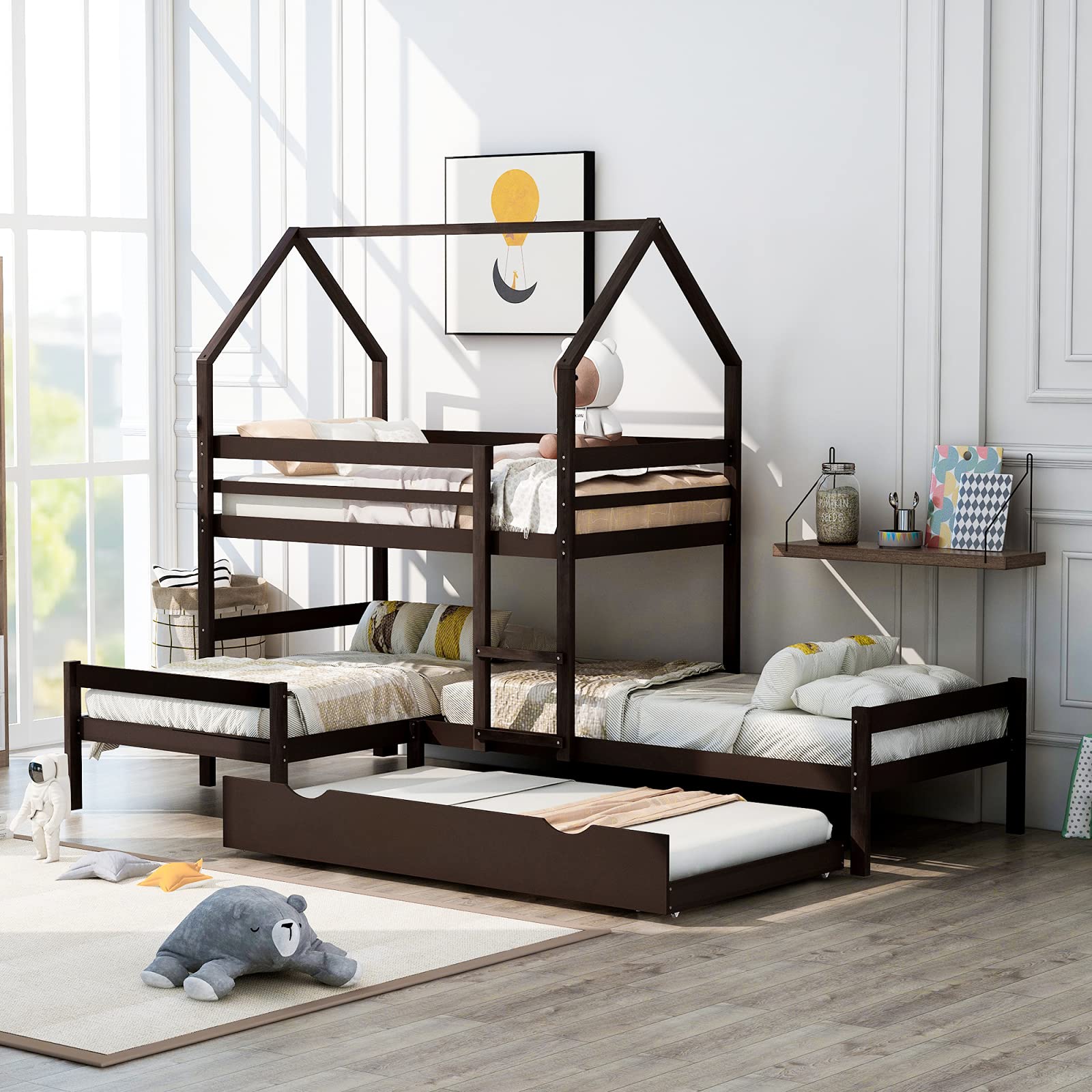 Triple Bunk Bed with Trundle - L-Shaped Twin Over Twin Wooden Bunk Bed Frame with Guardrails & Ladder - Space Saving Corner Bunk Beds for 4 Kids, Boys, Girls & Teens - Espresso Finish - Perfect for Small Bedrooms, Kids' Rooms & Shared Spaces