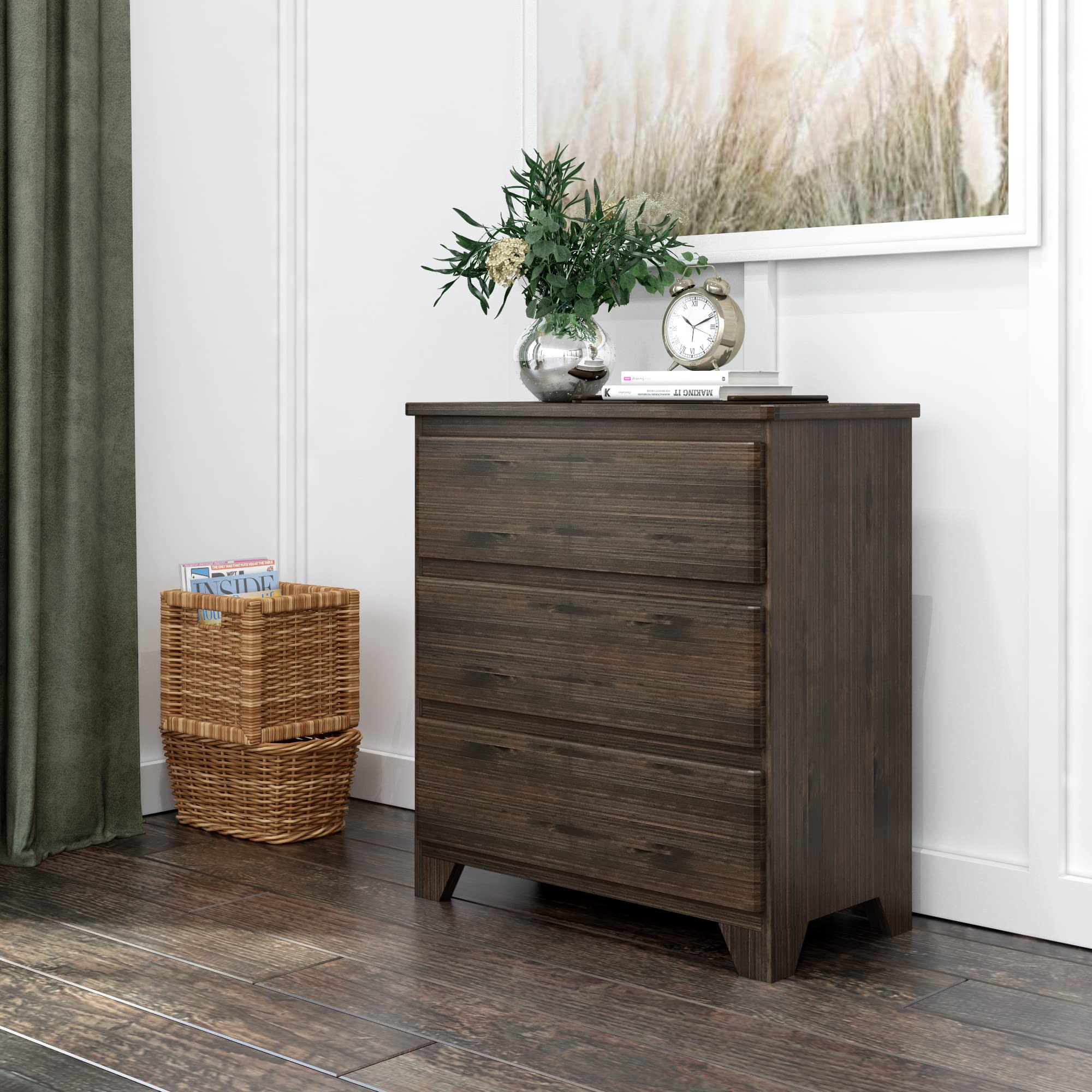 Max & Lily Modern Farmhouse 3-Drawer Wood Dresser - Solid Wood Nursery Dresser with Smooth Gliding Drawers, Barnwood Brown - Perfect for Baby Room, Kids Bedroom & Nursery Organization