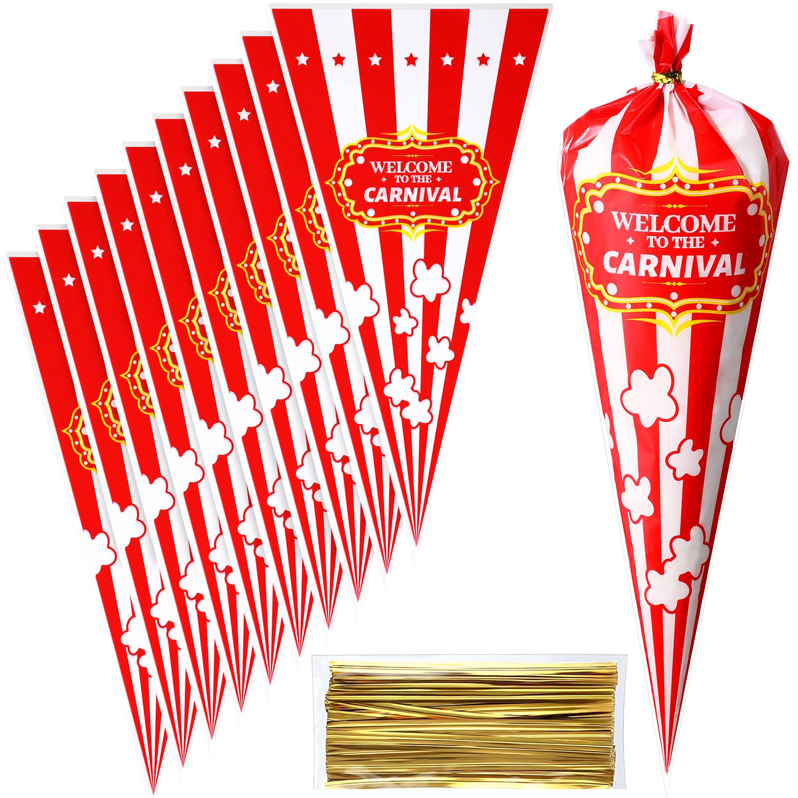120 Pcs Carnival Party Bags - Red & White Cone Candy Bags with Gold Twisted Ties for Circus Themed Events, Birthday Parties, School Carnivals & Cookie Wrapping - Bulk Party Favor Supplies for Popcorn, Treats & Goodies