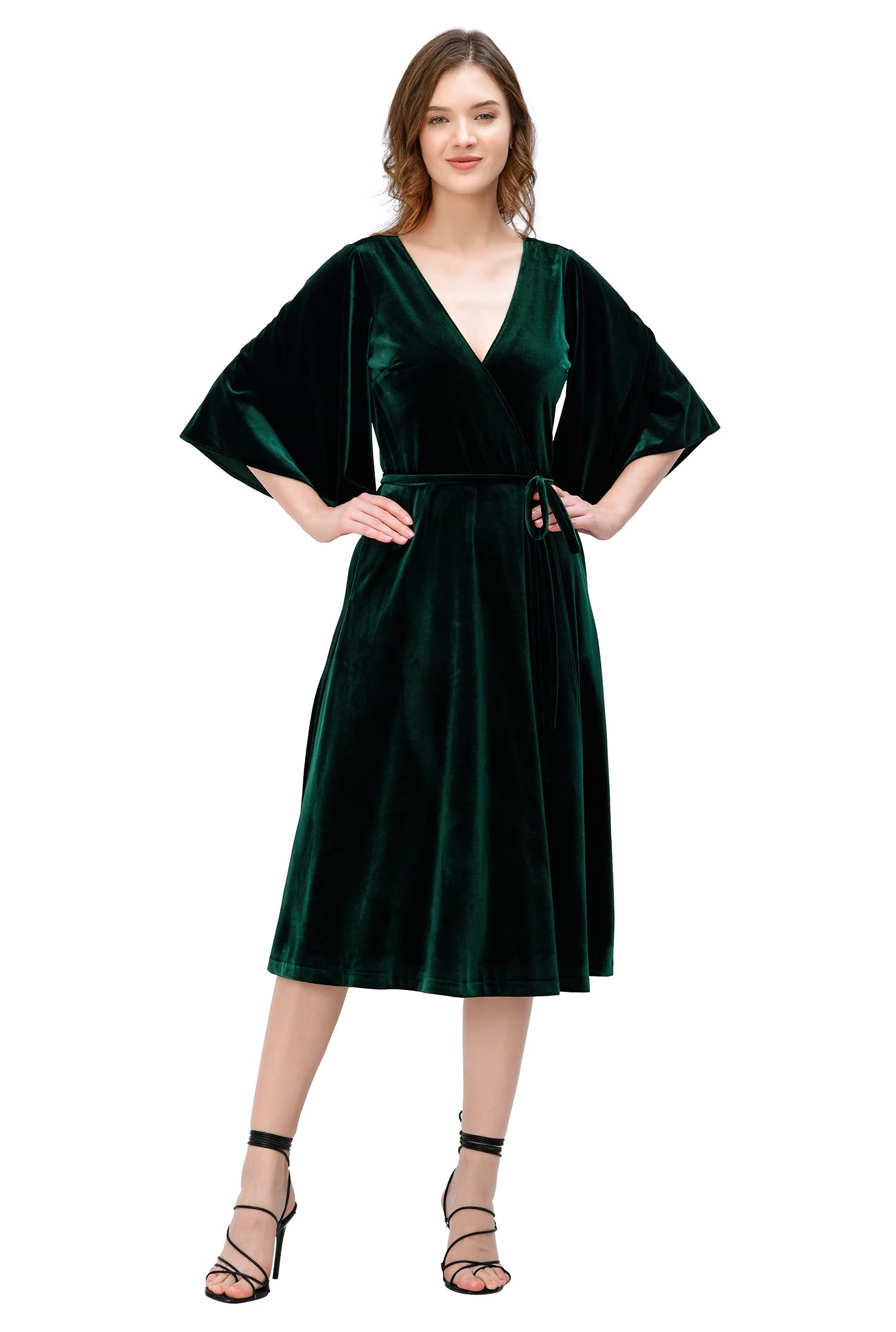 eShakti Women's Flutter Sleeve Stretch Velvet Wrap Dress - Elegant & Comfortable for Parties, Weddings & Special Occasions