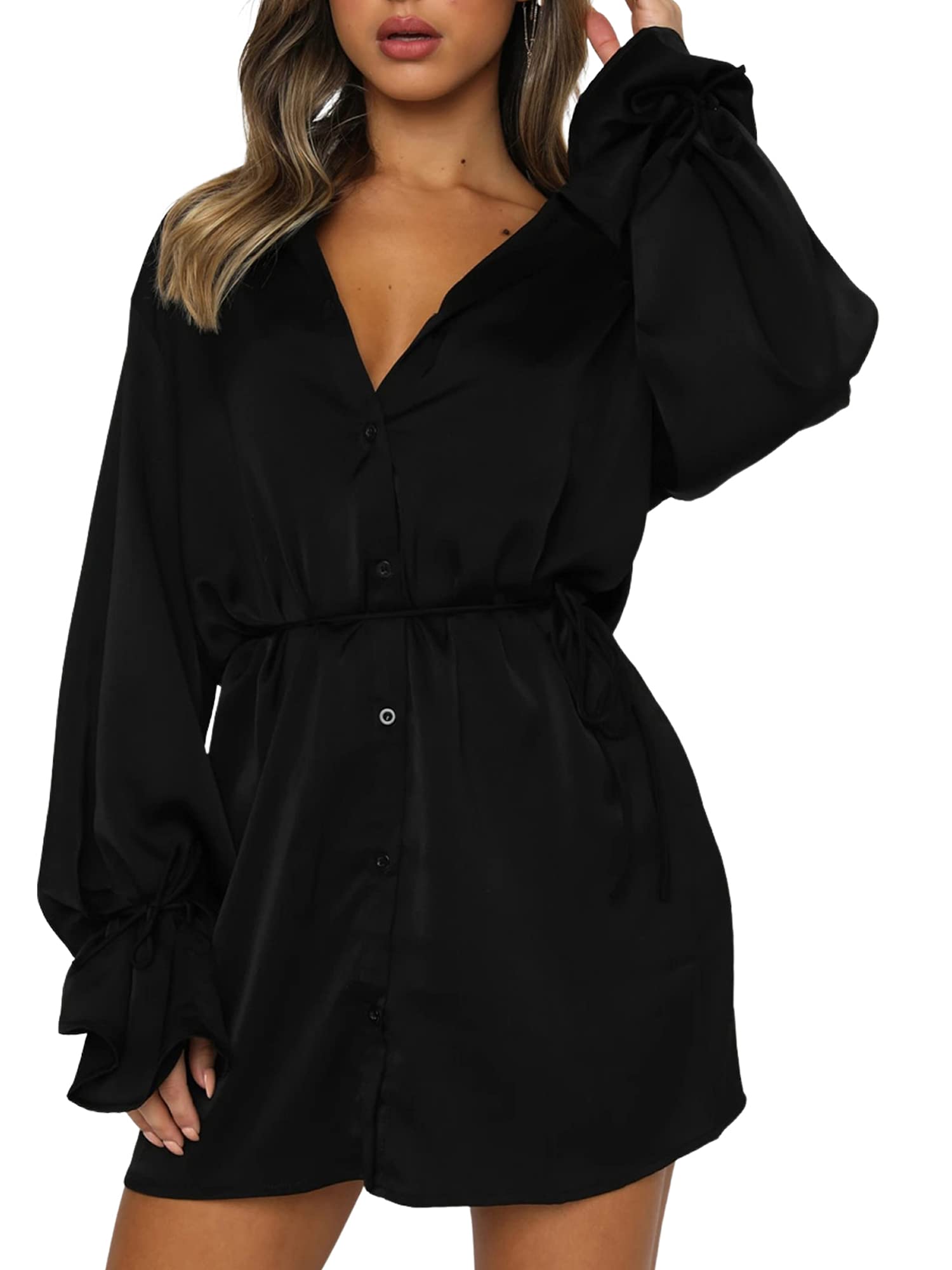 Women's Satin Button Down Mini Dress - Long Sleeve V-Neck Tunic with Belt for Party, Club & Evening Wear | Elegant Office to Night Out Fashion
