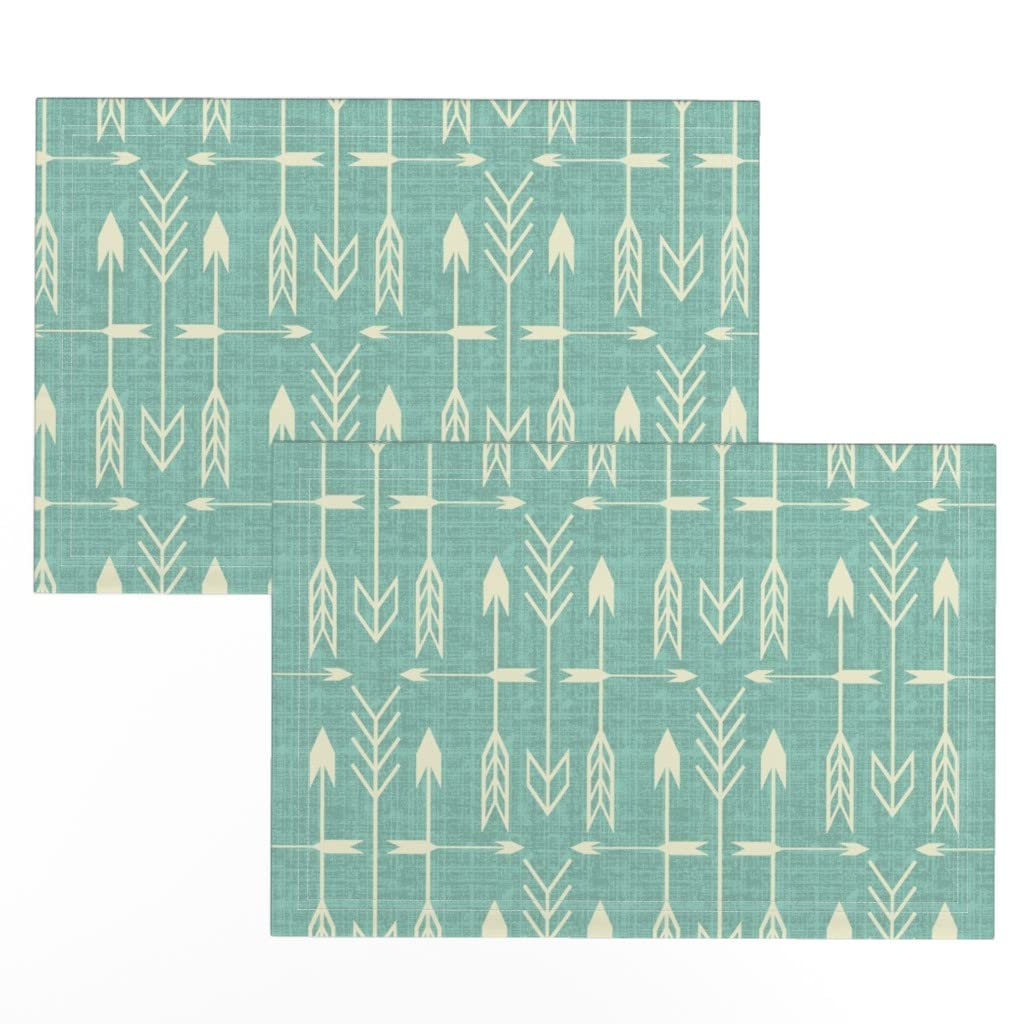 Premium Linen Cotton Canvas Placemats Set of 2 - Archery Aqua Arrows Boho Design in Turquoise & Teal | Washable Table Mats for Dining, Kitchen Decor, and Boho Chic Home Styling