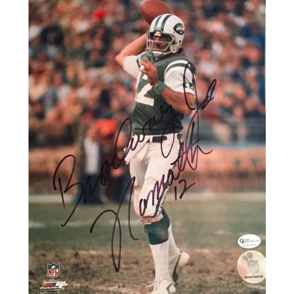 Authentic Joe Namath Signed 8x10 Photo with Broadway Inscription & COA - New York Jets Football Memorabilia for Collectors, Sports Fans, and Home Office Decor