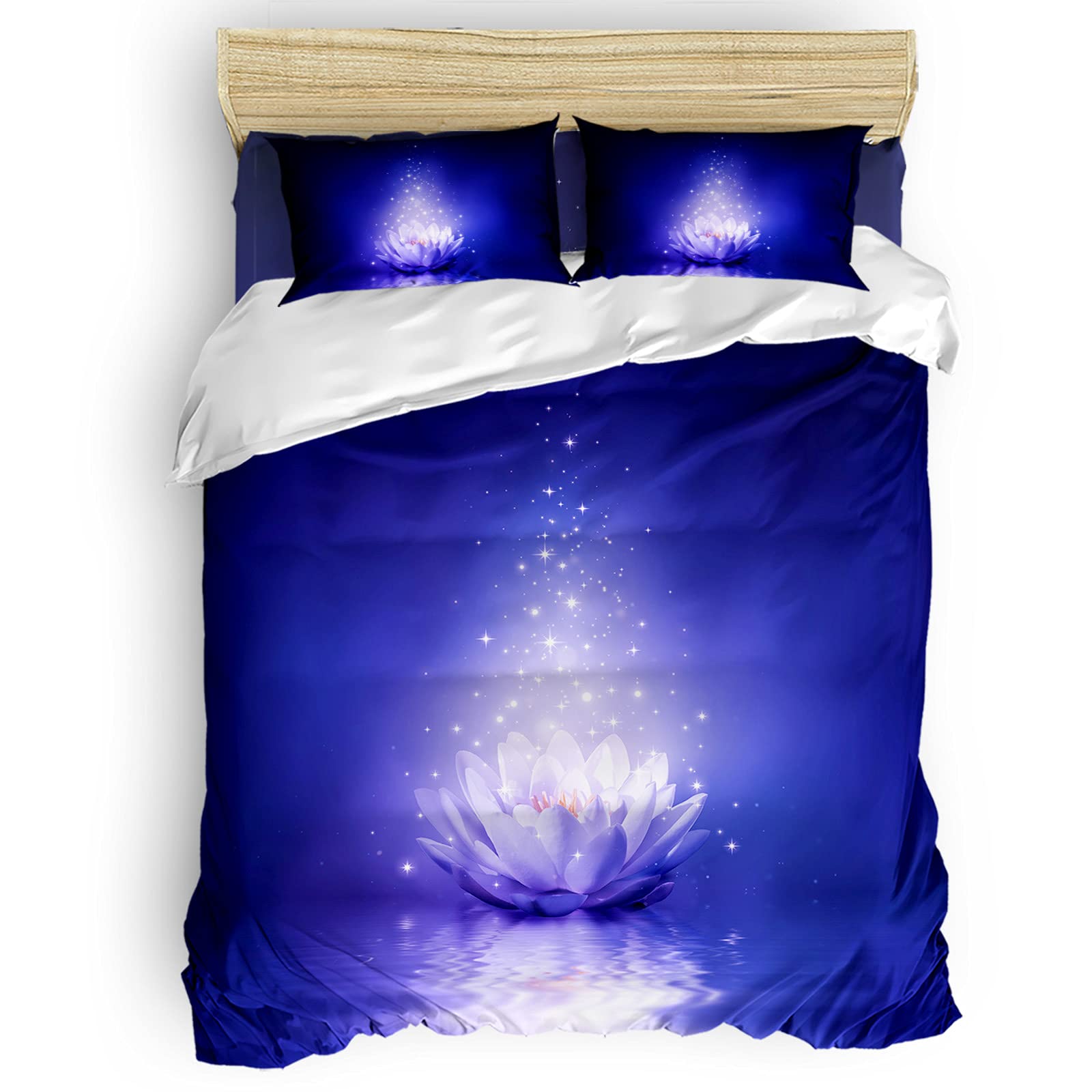 Soft 4-Piece Washed Cotton Duvet Cover Set with Zipper Closure - Full Size Bedding Set Includes 1 Duvet Cover, 1 Fitted Sheet & 2 Pillow Shams - Night Sky Magic Lotus Flower Design for Cozy Bedroom Decor