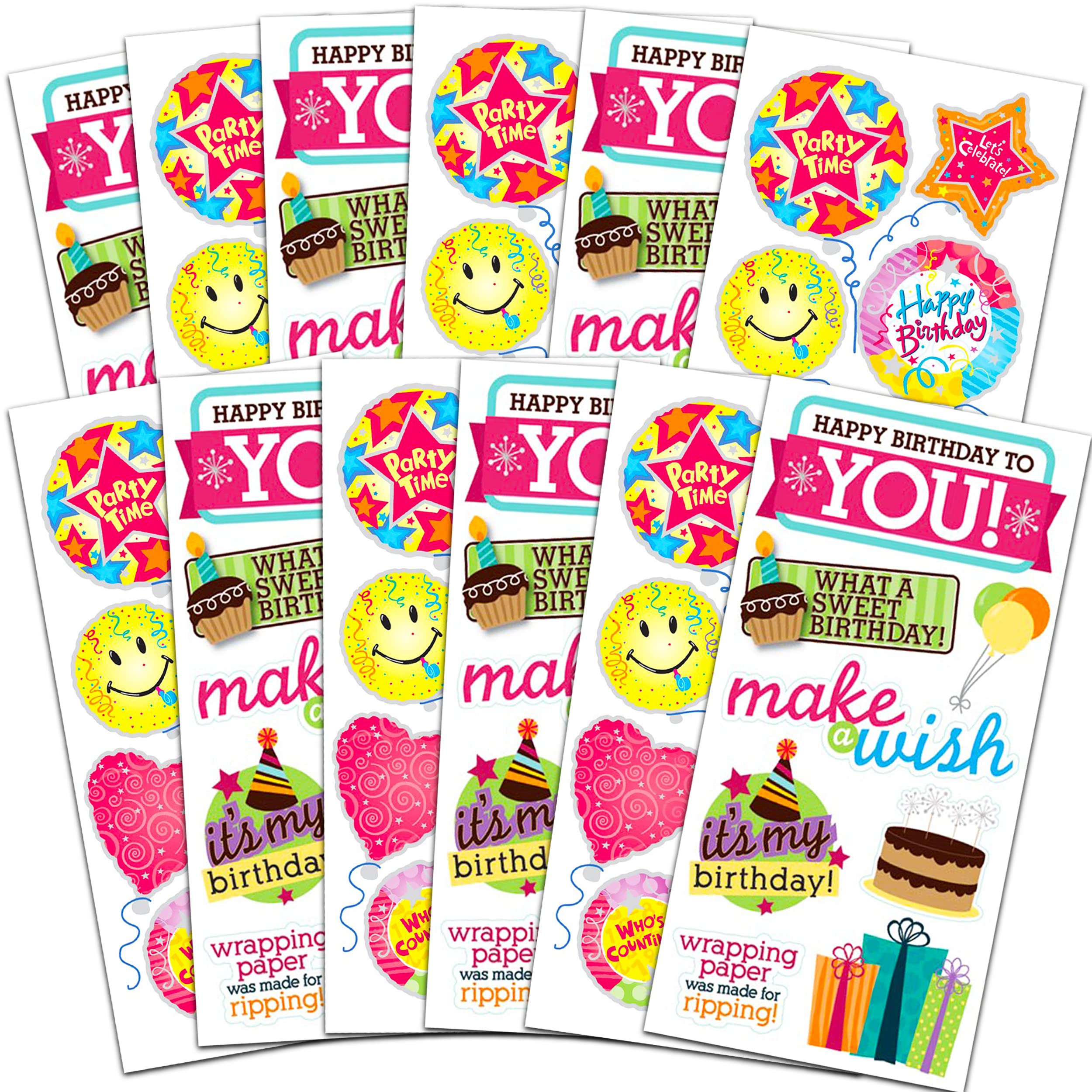 12 Pack Birthday Scrapbook Stickers Kit - Bulk Party Favors for DIY Crafts, Scrapbooking & Card Making - Perfect for Birthday Party Decorations, Gift Wrapping & Memory Albums