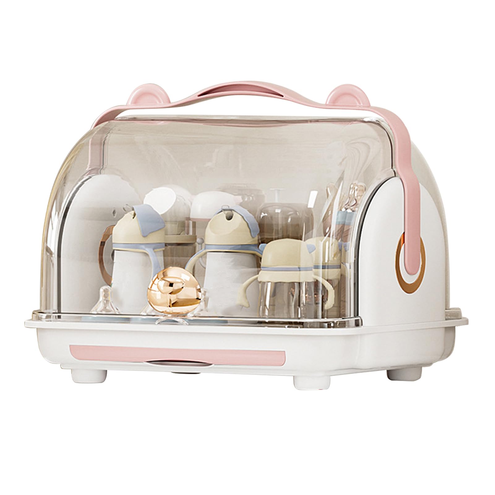 Portable Baby Bottle Drying Rack & Storage Organizer - Large Capacity Toddler Feeding Supplies Holder with Lid & Cutlery Tray - Pink Kitchen Cabinet Organizer for Nursery, Daycare & Home Use