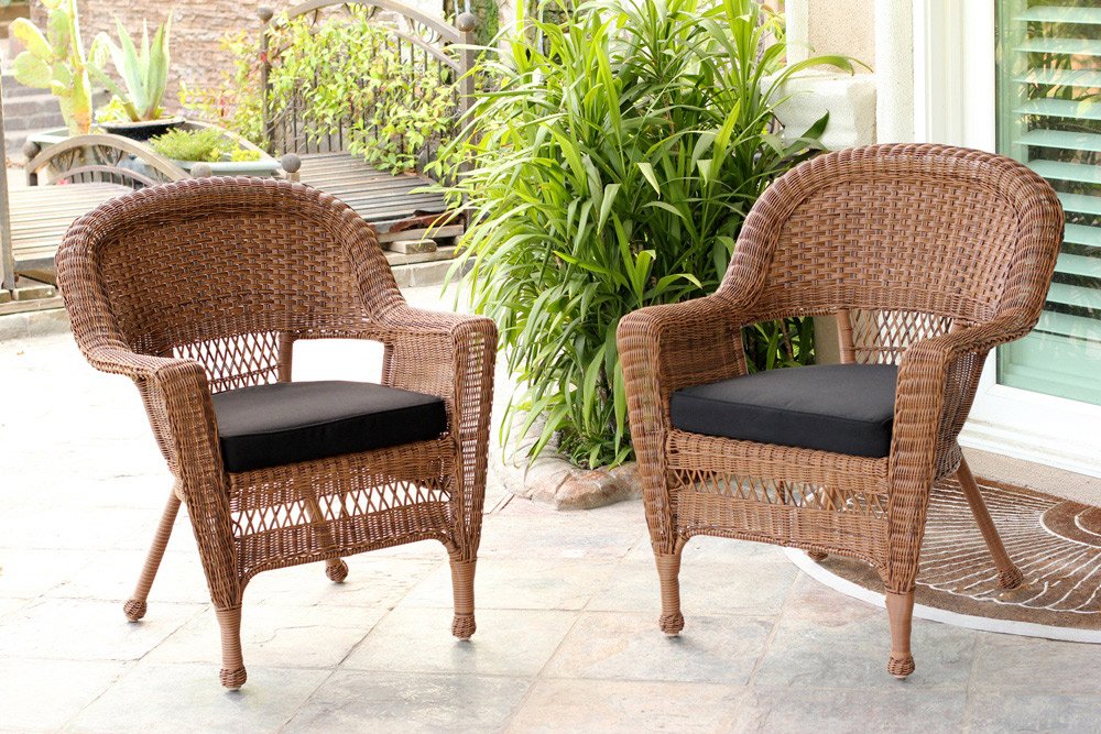 Jeco Wicker Patio Chairs with Black Cushions, Set of 2 - Honey Brown Rattan Outdoor Furniture for Garden, Poolside & Balcony Relaxation