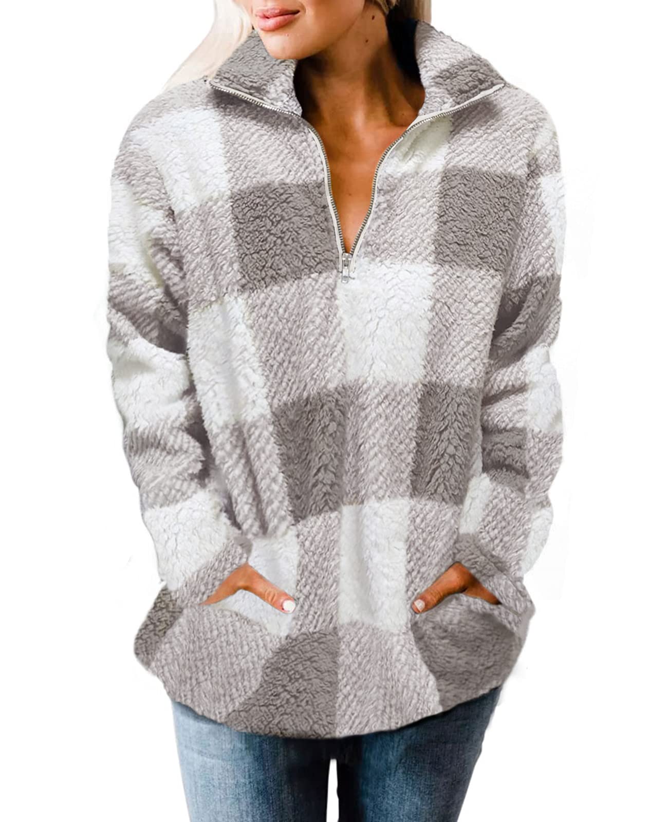ZESICA Women's Plaid Long Sleeve Sherpa Fleece Jacket - Warm Zipper Pullover Coat for Winter, Fall & Outdoor Activities | Casual Streetwear, Hiking & Layering Essential