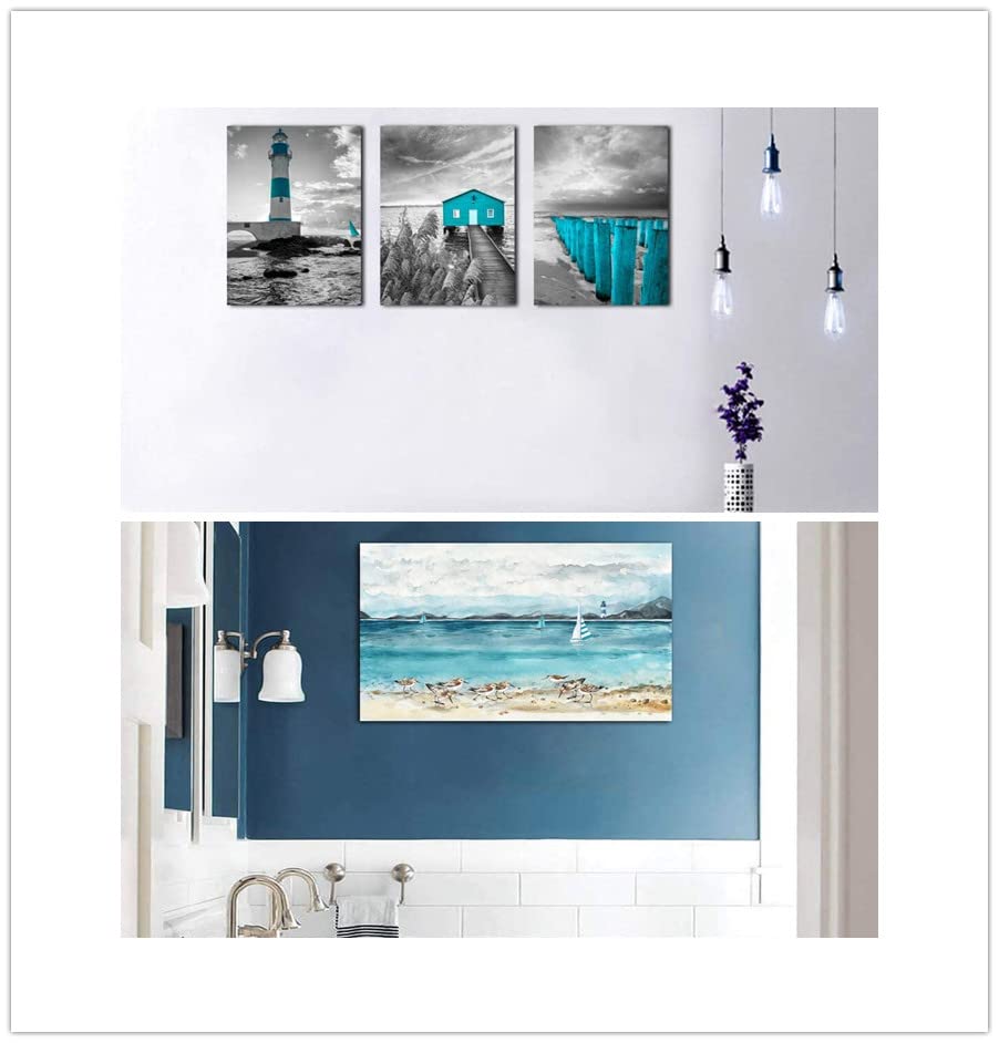 Ocean Lighthouse & Seabird Beach Wall Art - Framed Coastal Paintings for Bathroom, Bedroom & Kitchen Decor | Modern Beach Theme Prints for Home & Office