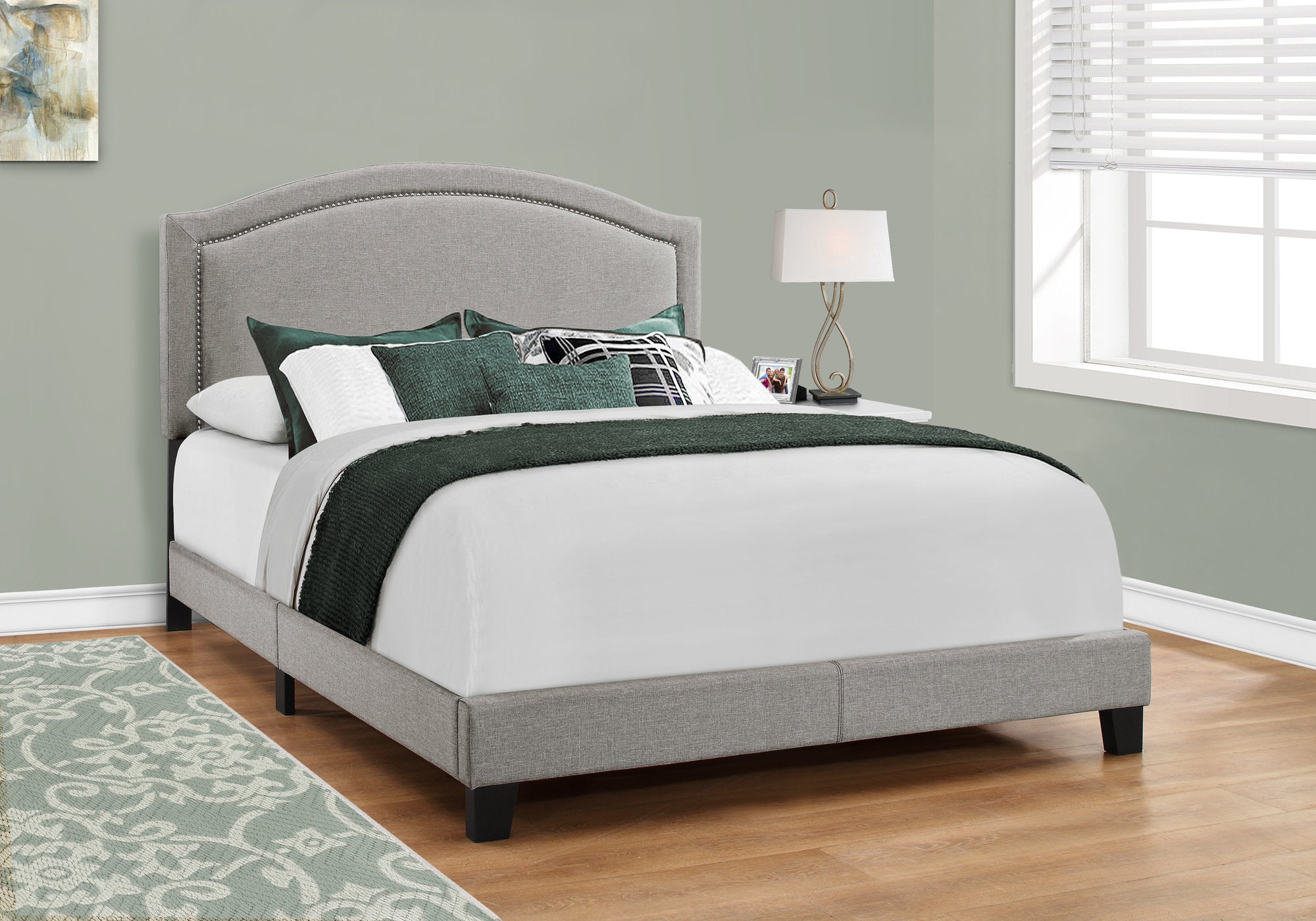 Queen Size Bed Frame with Grey Linen Upholstery & Chrome Trim - Modern Platform Bed for Bedroom, Guest Room, or Apartment