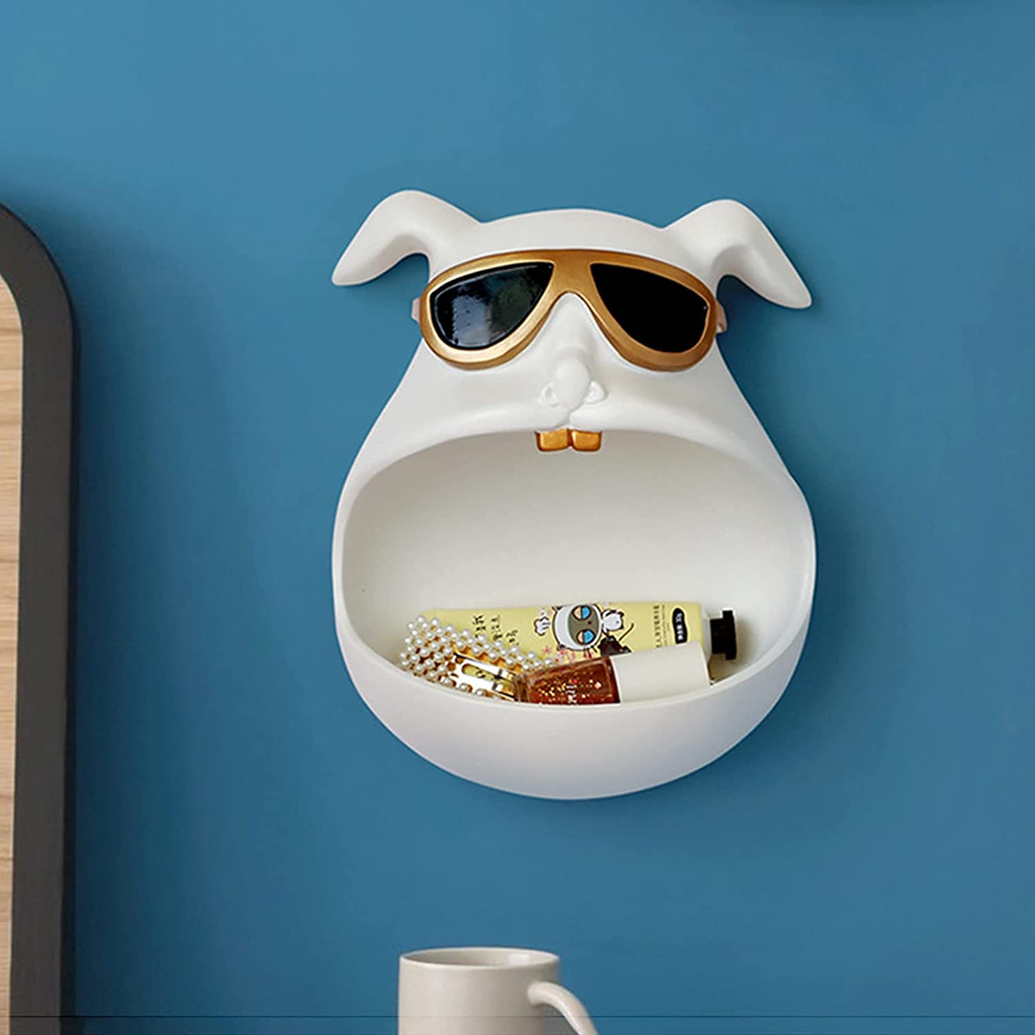 Stylish Resin Key Storage Bowl - Dog Figurine with Sunglasses, Wall-Mounted Organizer for Keys, Coins, Jewelry & Lipstick | Perfect for Home Entryway Decor, Office Desk Accessories & Gift Ideas