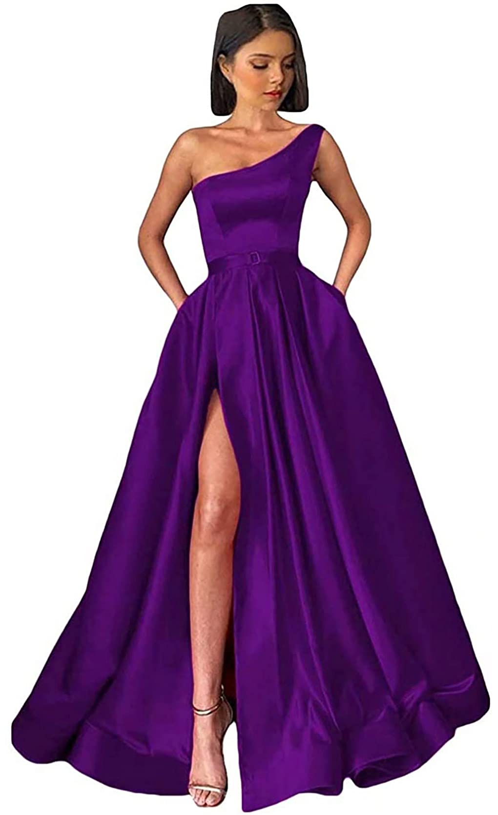 ANGELWARDROBE Women's Long One Shoulder Prom Dress - A-Line Satin Formal Evening Gown with Slit Pockets for Homecoming, Wedding Guest & Black Tie Events