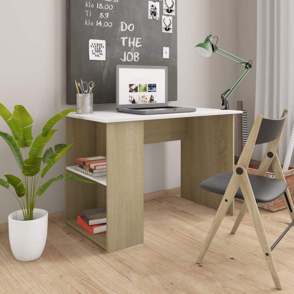 Modern White & Sonoma Oak Computer Desk with 2-Tier Storage Shelves - Home Office Workstation with Bookshelf & Tower Shelf for Studying, Writing & Gaming | Perfect for Small Spaces & Remote Work