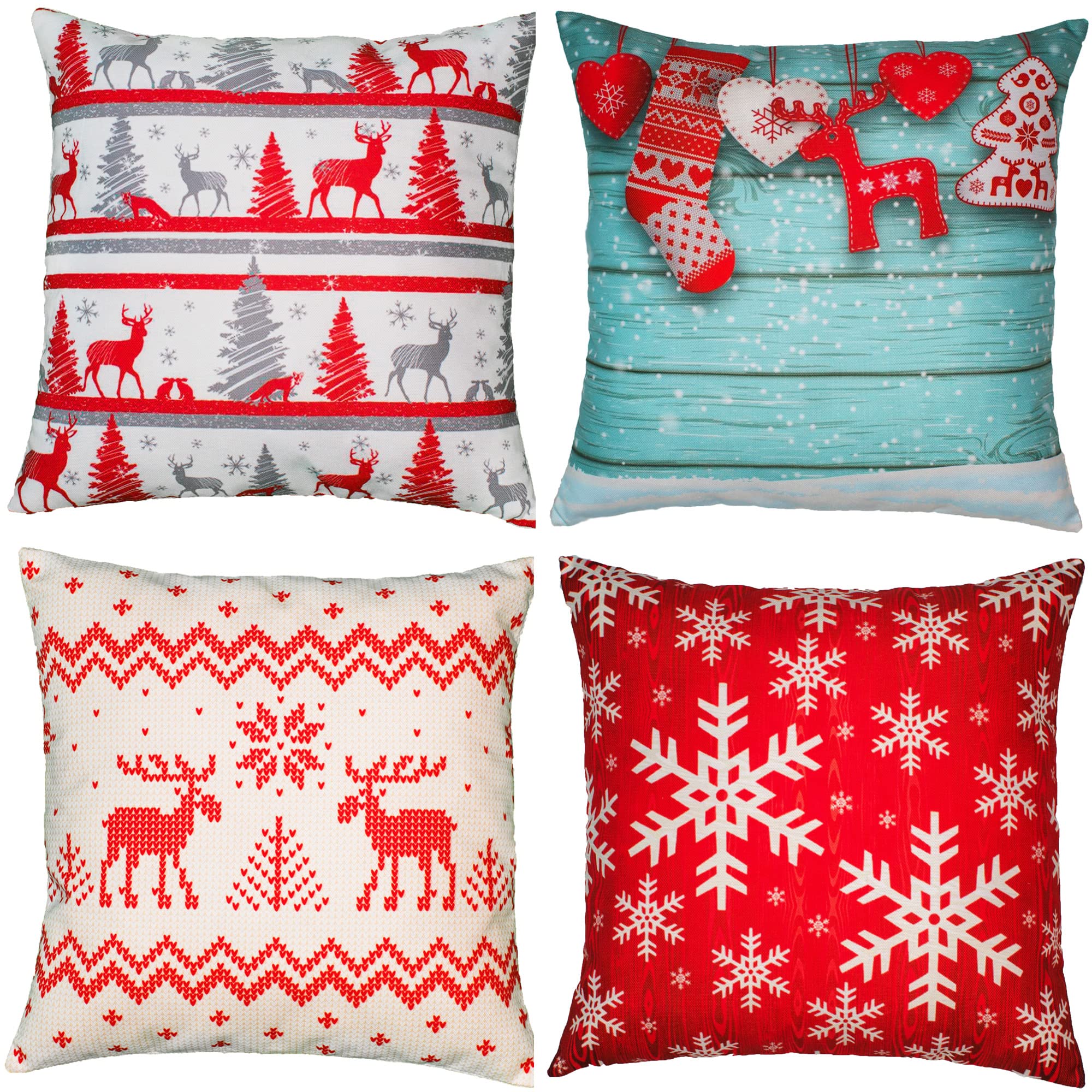 16x16 Christmas Throw Pillow Covers Set of 4 - Festive Holiday Deer Design for Sofa Decor - Merry Christmas Home Decorations - Perfect for Living Room, Bedroom & Seasonal Holiday Decor