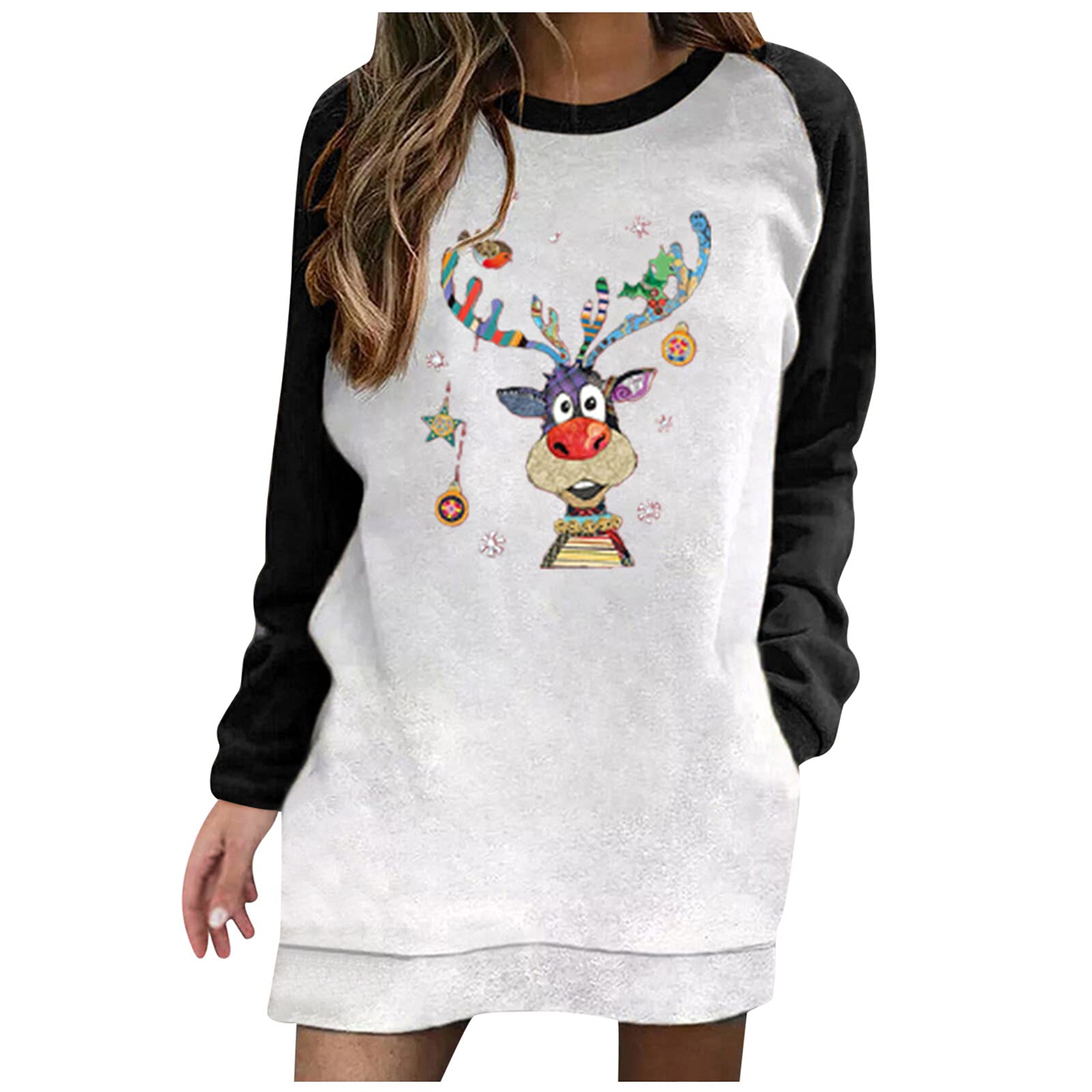 Women's Casual Long Sleeve Contrast Color Print Sweatshirt with O-Neck and Pocket - Spring & Christmas Fashion for Everyday Wear, Office Outfits and Holiday Parties