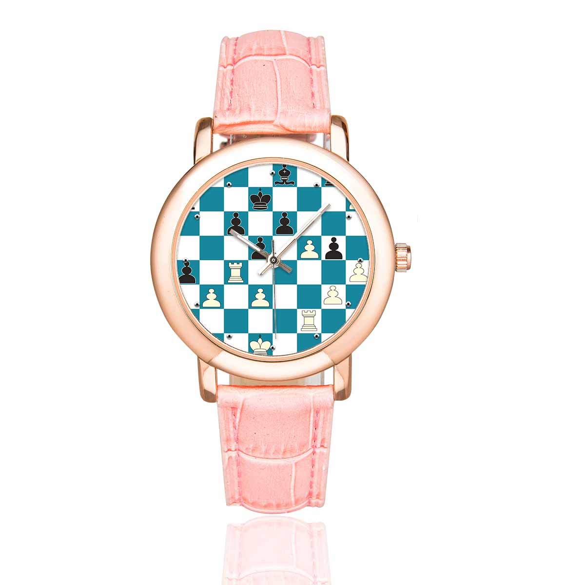 InterestPrint Pink Leather Strap Women's Waterproof Watch - Chess Pattern Design for Casual, Office & Outdoor Activities