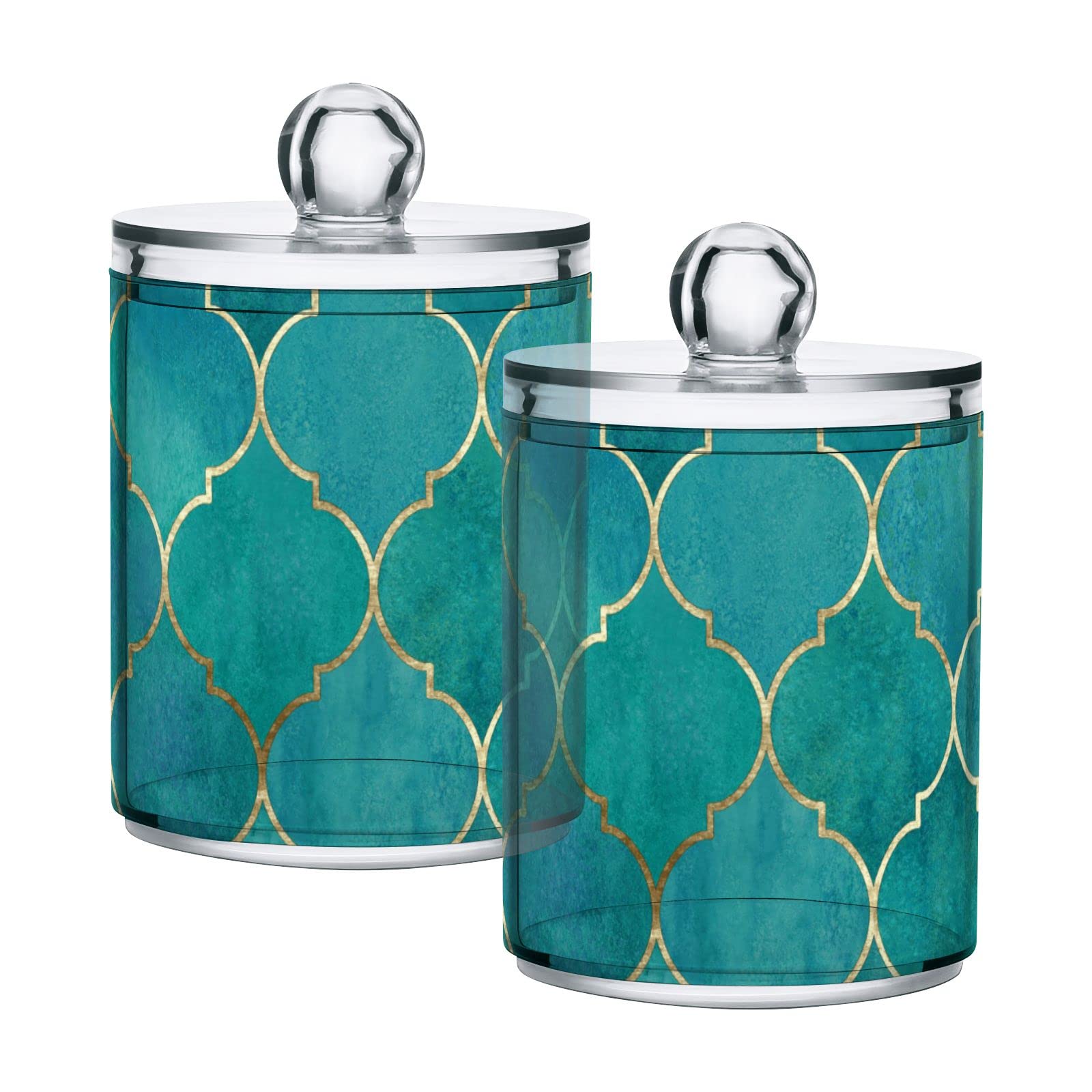 Teal Moroccan Seamless Pattern with Gold Lines Oriental Geometric Plastic Storage Jars with Lids - Set of 4 Translucent 10oz Food Containers for Tea, Cookies, Cotton Swabs | Perfect for Kitchen Pantry Organization, Bathroom Storage & Home Decor