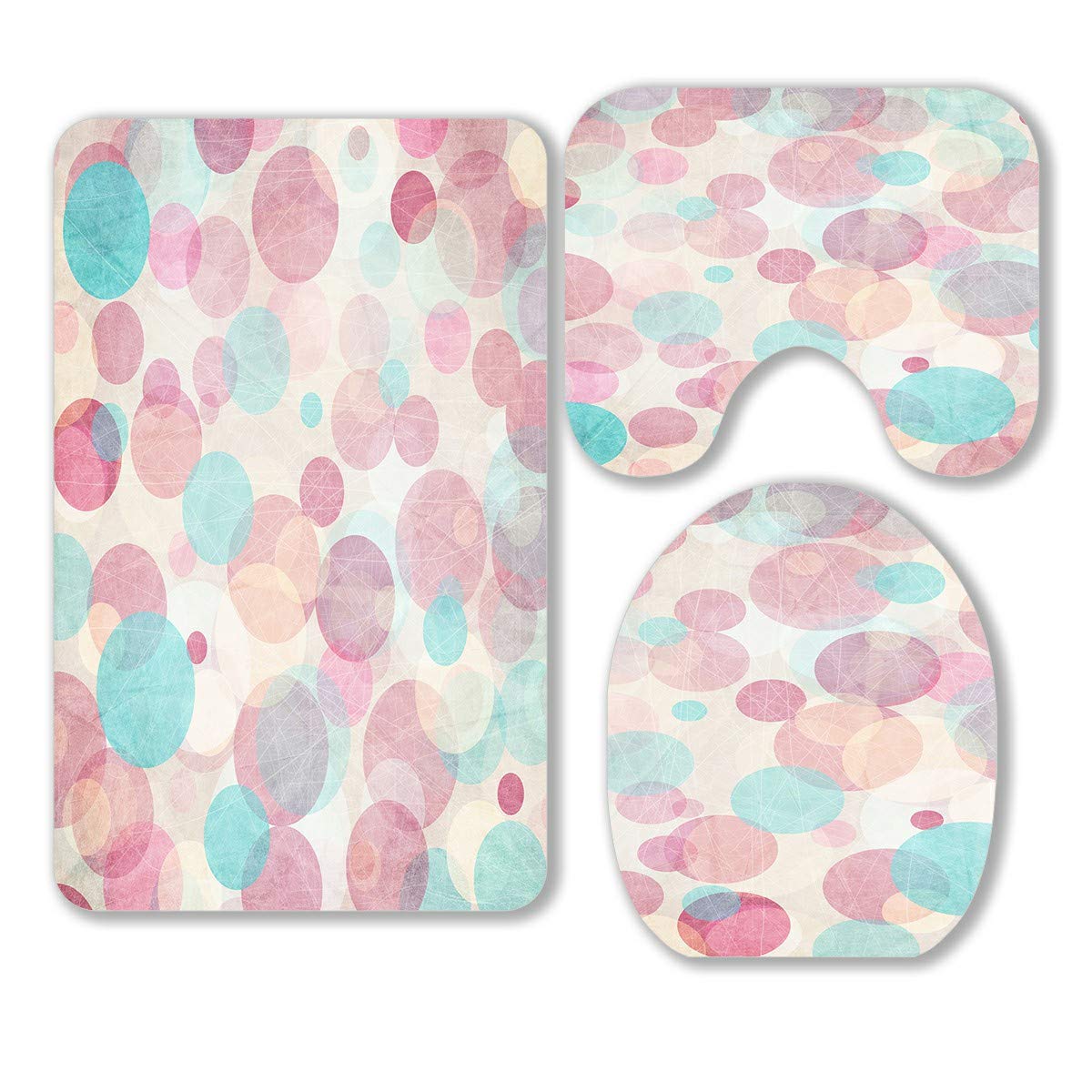 Soft Abstract Circles 3-Piece Bathroom Rug Set - Non-Slip Bath Mat, Contour Mat & Toilet Lid Cover - Blue & Pink Pastel Decor for Modern Bathrooms