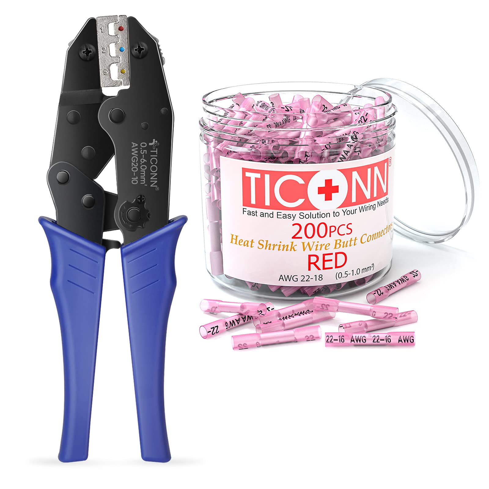 200PCS AWG 22-18 Heat Shrink Butt Connectors with Crimping Tool Kit - Waterproof Electrical Wire Connectors for Automotive, Marine & Home Wiring Repairs