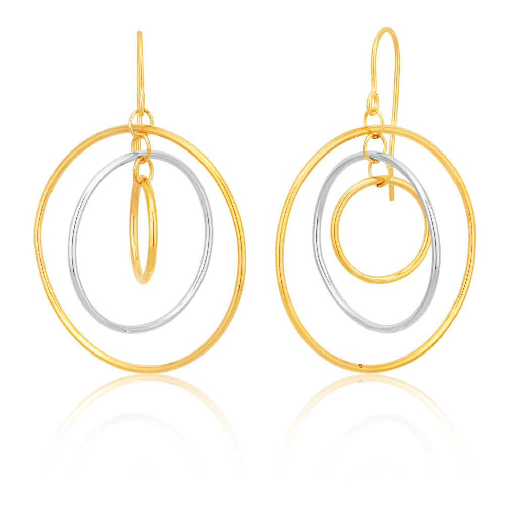 9ct Two Tone Gold 3x Circle Hook Drop Earrings for Women - Elegant Dangle Earrings for Party, Wedding & Everyday Wear
