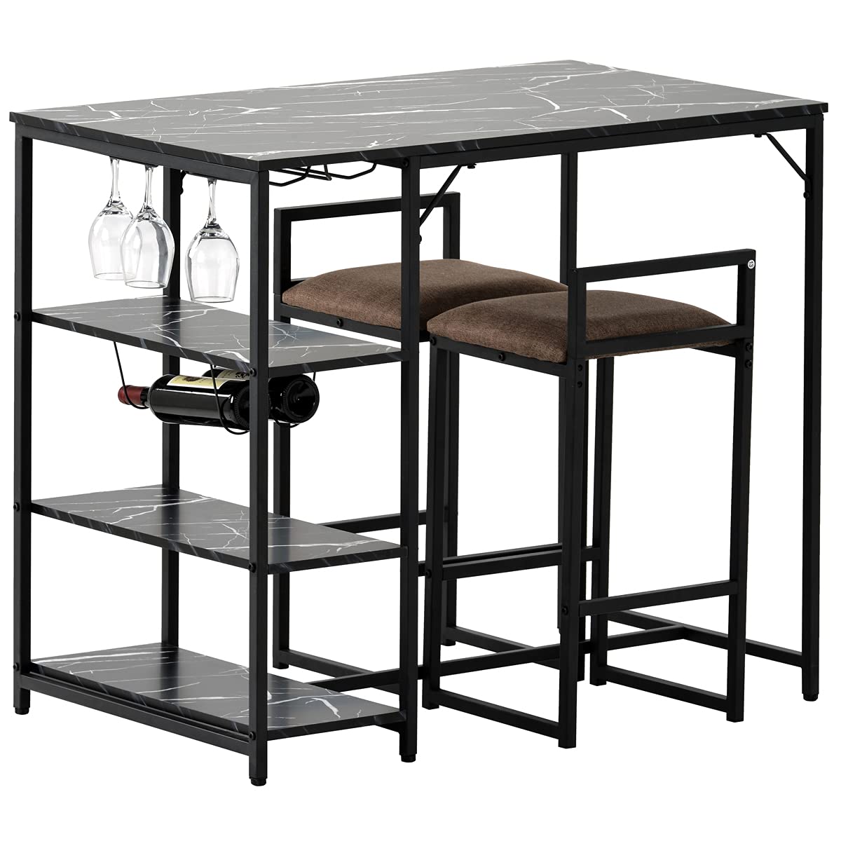 Teeker 3-Piece Counter Height Bar Table Set with 2 Upholstered Bar Stools, 4 Glass Holders, 2 Wine Racks & 3 Open Shelves - Space-Saving Dining Furniture for Small Spaces, Kitchen, Bar or Breakfast Nook (Black)