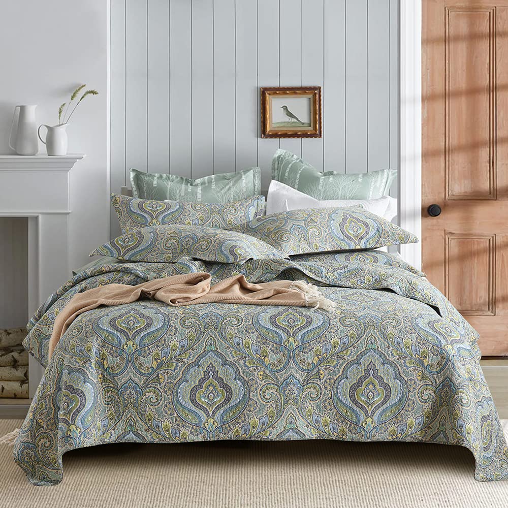 Autumn Dream Cotton Bedspread Quilt Set - 3 Piece Reversible Comforter Coverlet Set with Classic Damask Paisley Design, Queen Size - Perfect for Fall Bedroom Decor & Cozy Seasonal Home Styling