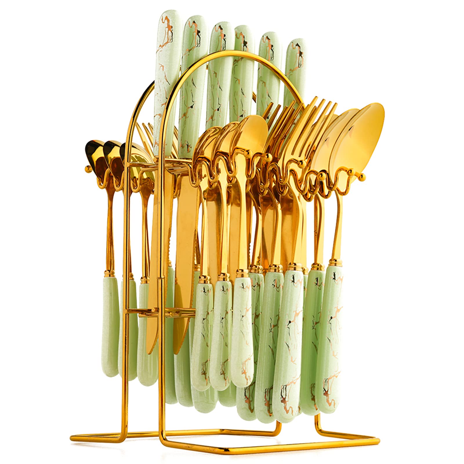 24-Piece Gilded Stainless Steel Flatware Set with Ceramic Handles - Elegant Cutlery Set Service for 6, Durable Kitchen Utensils for Home & Restaurant Use - Perfect for Dinner Parties, Weddings & Fine Dining (Green)