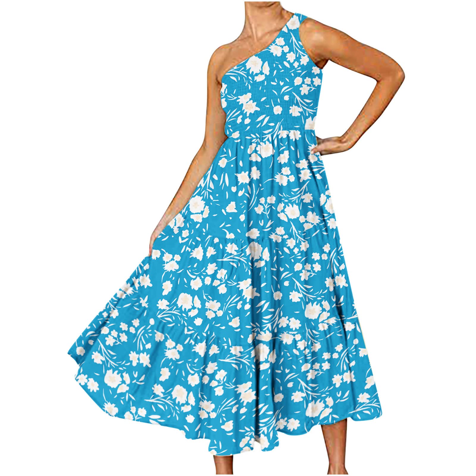 GBSELL Women's Boho Summer One Shoulder Long Dress - Sleeveless Smocked Flowy Tiered Maxi Dress for Beach, Party & Vacation | Elegant Casual Wear for Outdoor Events & Date Nights