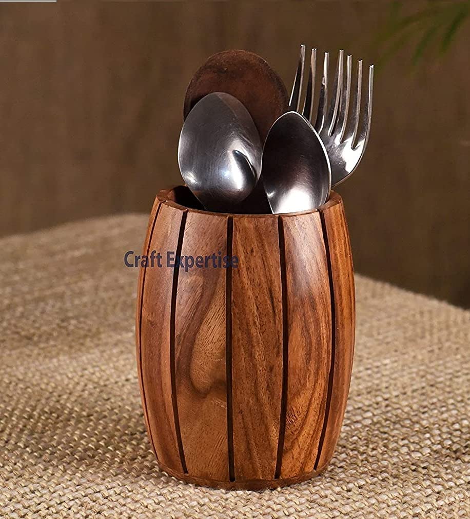 Premium Wooden Cutlery Organizer - Kitchen Utensil Holder for Knives, Forks & Spoons - Space-Saving Silverware Storage Rack (Barrel Design) - Perfect for Kitchen Countertops, Dining Tables & Buffet Stations