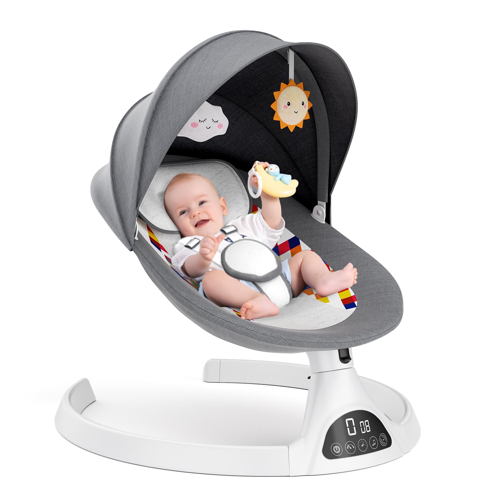 Baby Swing with 5 Speed Settings & 12 Soothing Lullabies - Bluetooth Portable Infant Rocker with Soft Fabric, 3 Timer Modes & Remote Control - Perfect for Newborns 5-20 lbs (Gray) - Ideal for Nursery, Bedtime & Soothing Fussy Babies
