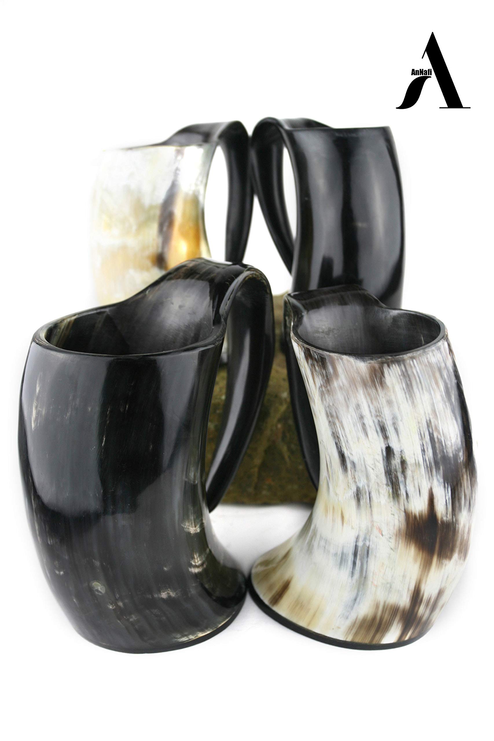 AnNafi® Genuine Viking Drinking Horn - Handcrafted Natural Horn Mug for Beer, Wine & Mead - Game of Thrones Inspired Tankard (Plain Multi, 4 Pack) - Perfect for Medieval Parties, Viking Themed Events & Home Decor