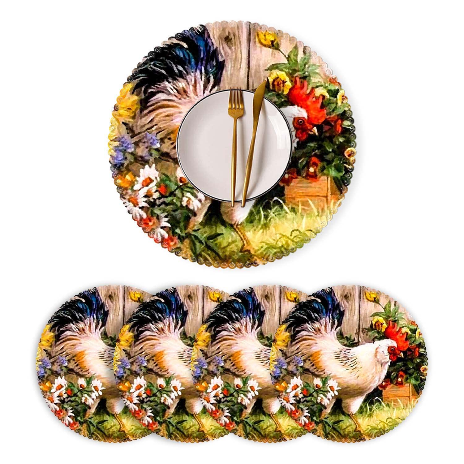 Round Heat Resistant Placemats Set of 4 - Washable Polyester Table Mats for Kitchen & Dining Room Decor - Rooster Garden Design - Perfect for Everyday Meals, Dinner Parties, and Holiday Gatherings