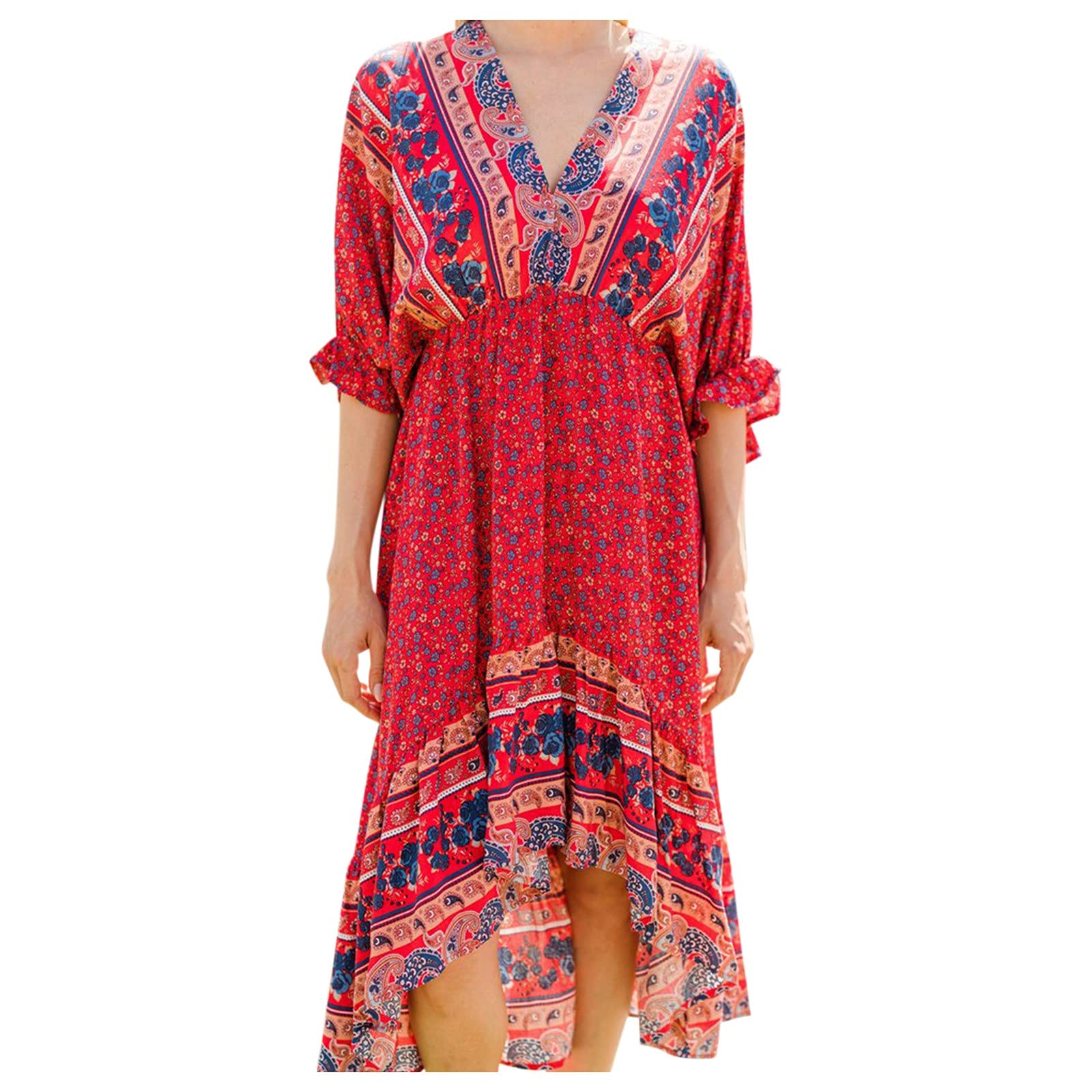 Women's V-Neck Lantern Sleeve Asymmetrical Skirt Dress - Comfortable Flowy Summer Casual Wear for Beach, Party & Everyday Outfits
