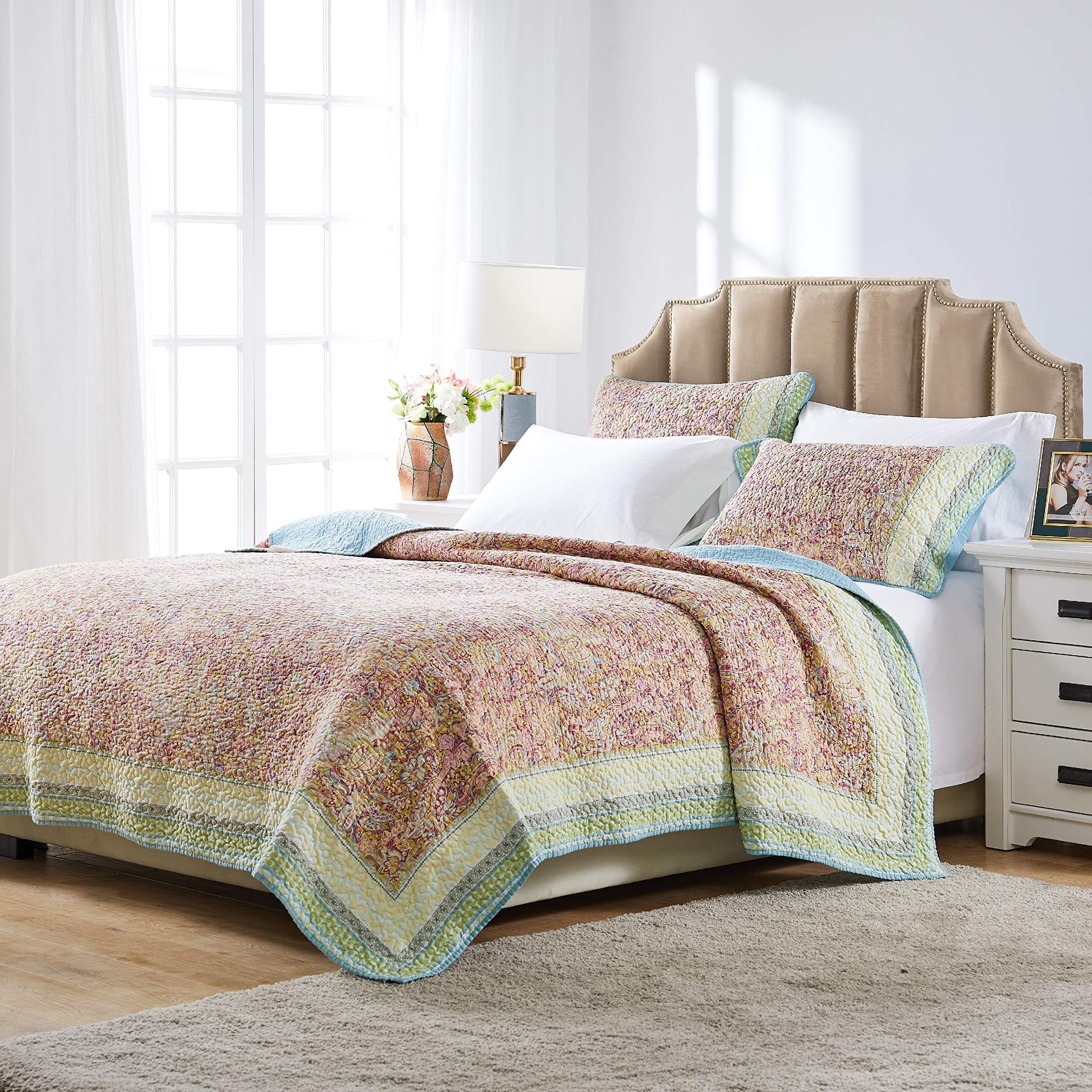 Barefoot Bungalow Palisades Pastel Quilt Set - 3-Piece Full/Queen Size Soft Cotton Bedding in Red | Perfect for Boho Chic Bedrooms & Cozy Guest Room Decor