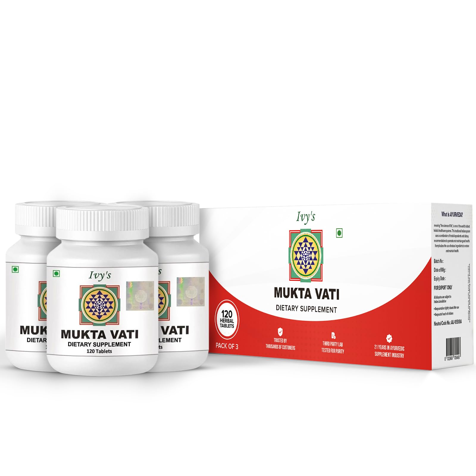 Ivy's Mukta Vati Herbal Tablets - Natural Ayurvedic Stress Relief Supplement (Pack of 3) for Anxiety Management & Emotional Balance - Perfect for Daily Wellness & Meditation Support