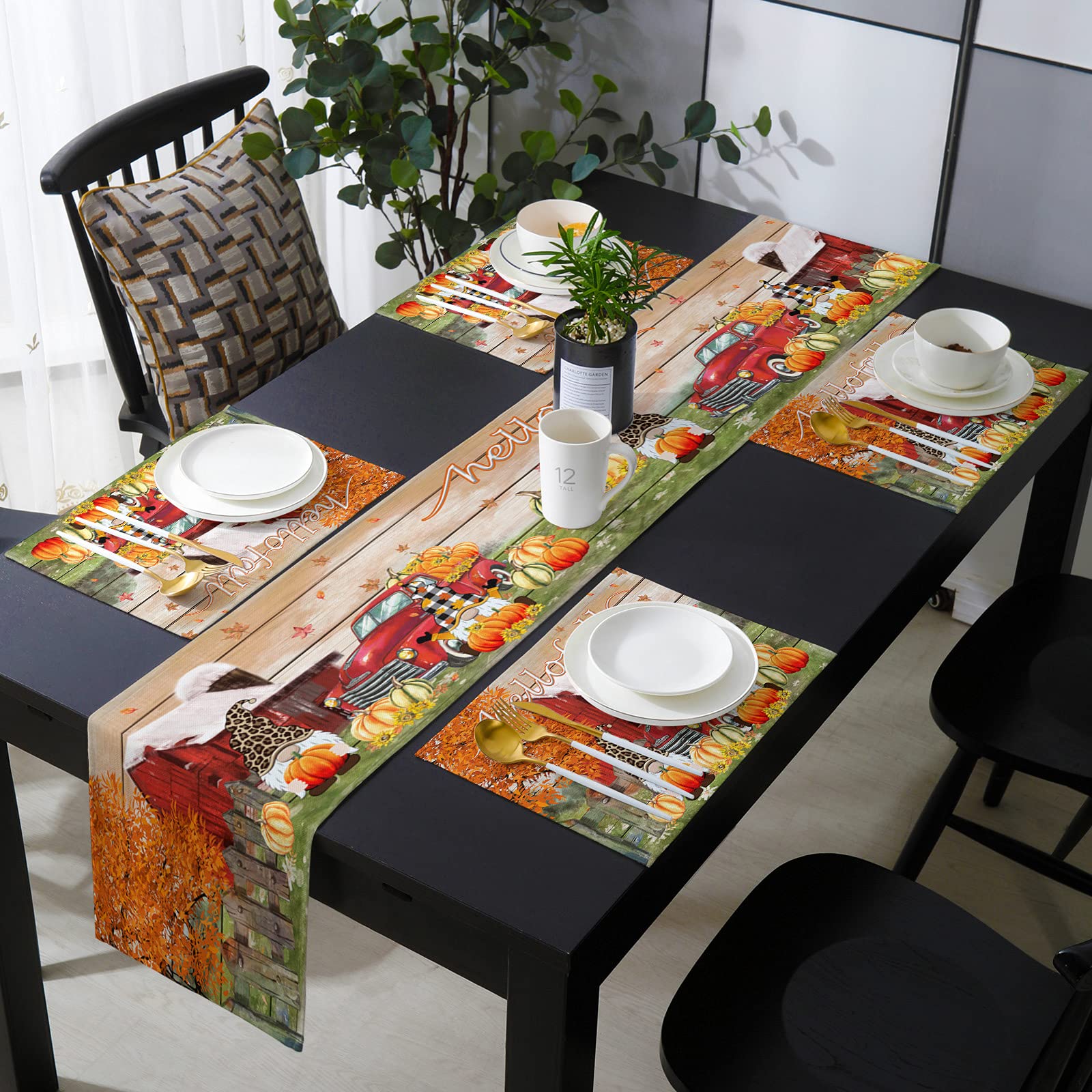Savannan Burlap Placemats and Table Runner Set - 6pcs Fall Thanksgiving Farmhouse Decor with Gnome, Truck, Pumpkin & Maple Leaf Designs - Perfect for Holiday Parties, Autumn Dining, and Farmhouse Table Settings