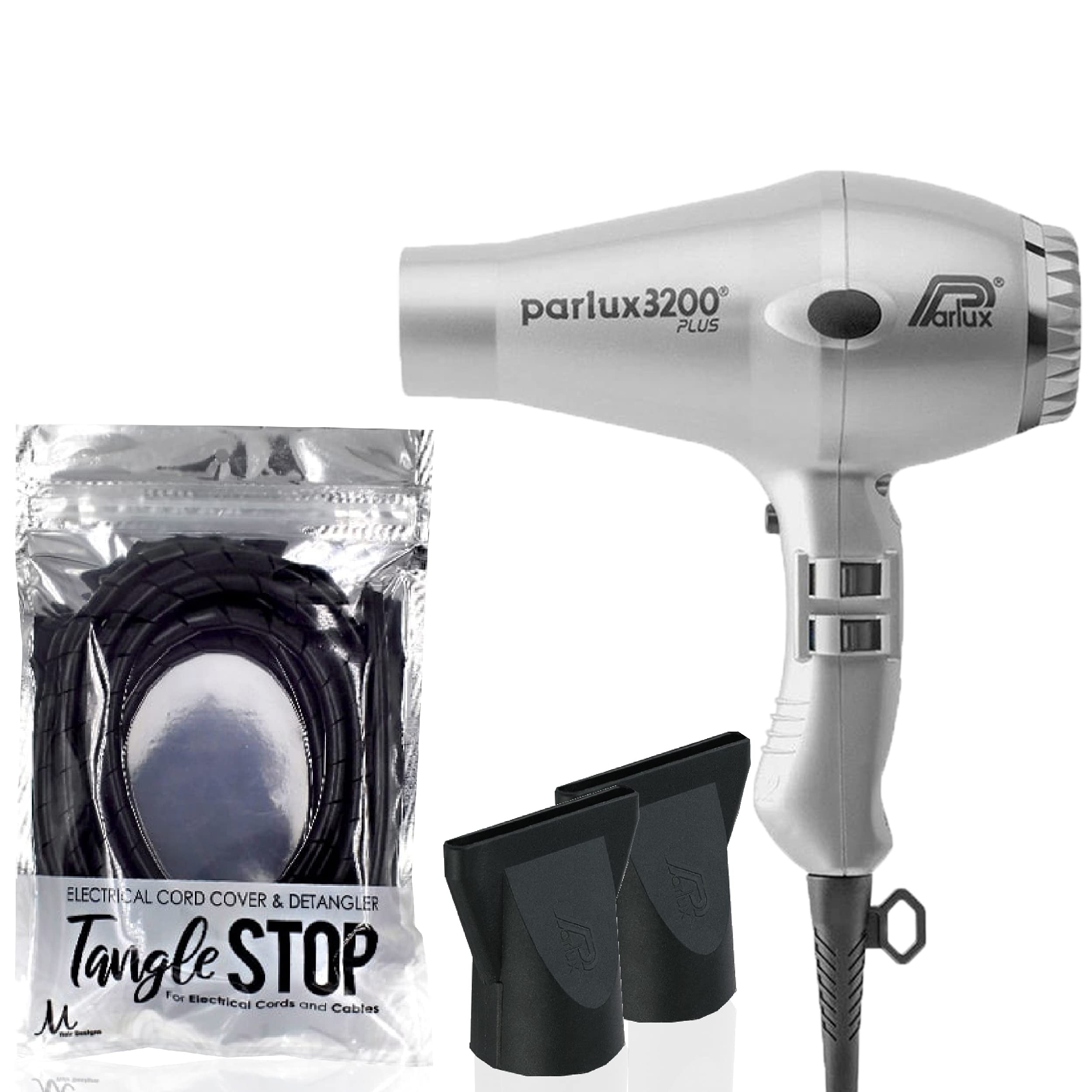 Parlux 3200 Plus Professional Ionic Hair Dryer with Tangle-Free Cord Cover - Salon Quality Blow Dryer for Fast Drying & Frizz Control - Perfect for Home Use & Travel Styling (2-Piece Bundle)