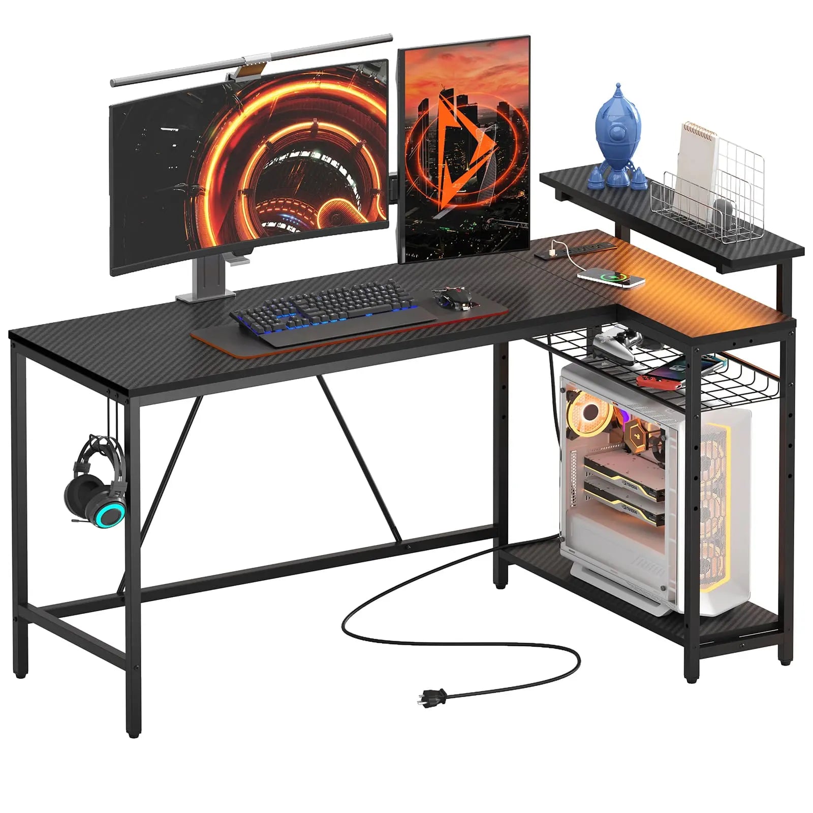 Bestier 58 Inch LED L-Shaped Gaming Desk with Shelves - Ergonomic Computer Desk for Home Office & Gaming Setup - Perfect for PC Gamers, Streamers & Remote Workers