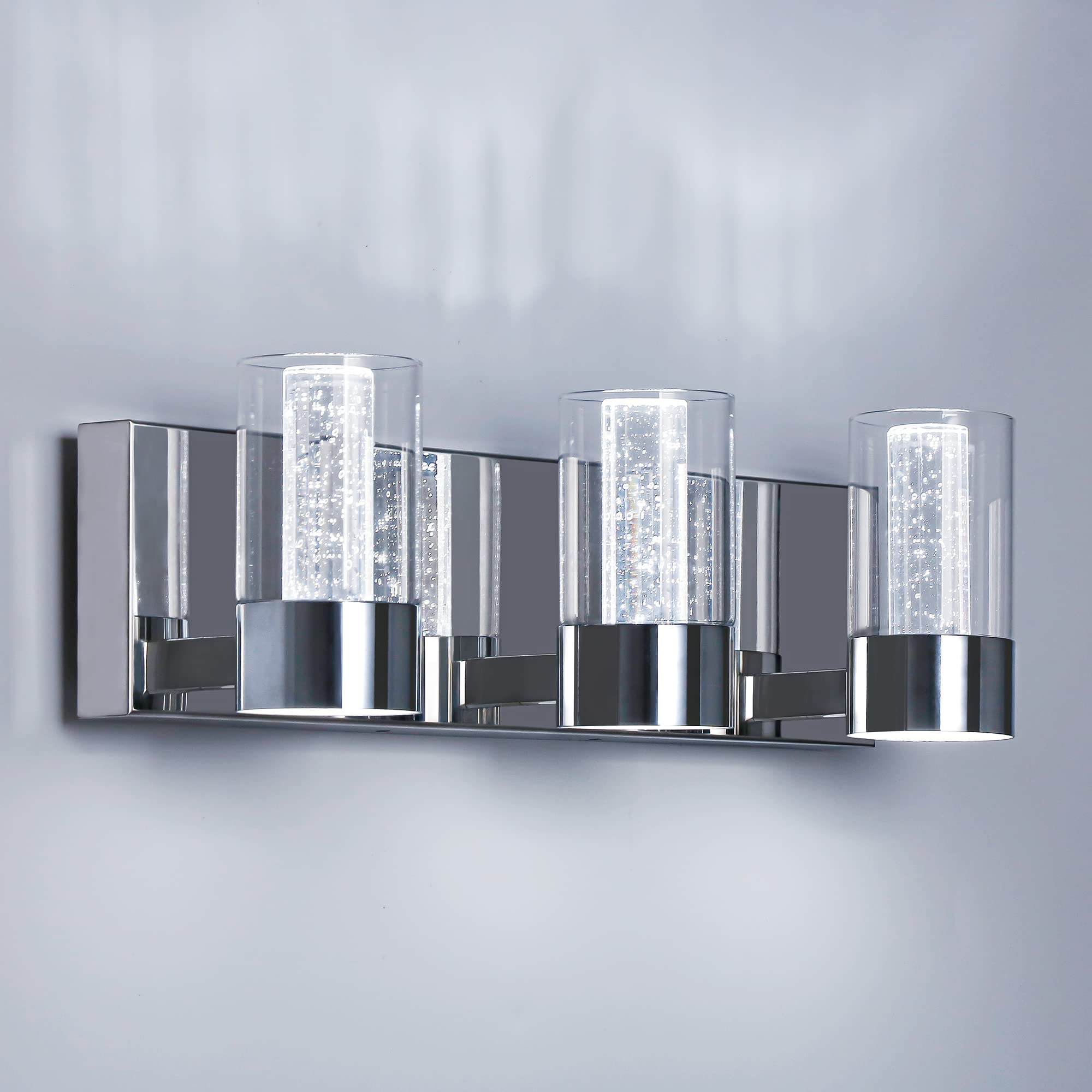 Modern Chrome LED Bathroom Vanity Light Fixture - 3 Light Crystal Bubble Glass Cylinder Design for Bathroom Mirror (6400K) | Perfect for Bathroom, Powder Room & Dressing Room Lighting