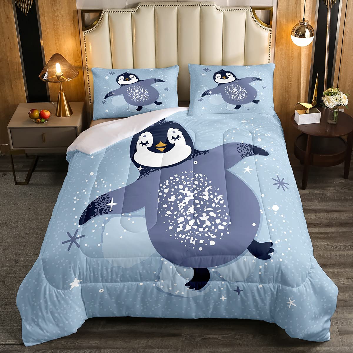 Cartoon Penguin Duvet Cover Set - White Polka Dot Print Comforter 3 Piece Set with Antarctic Animal Snow Theme | Full Size Bedding for Kids, Teens & Adults | Cozy Winter Decor for Bedrooms & Guest Rooms
